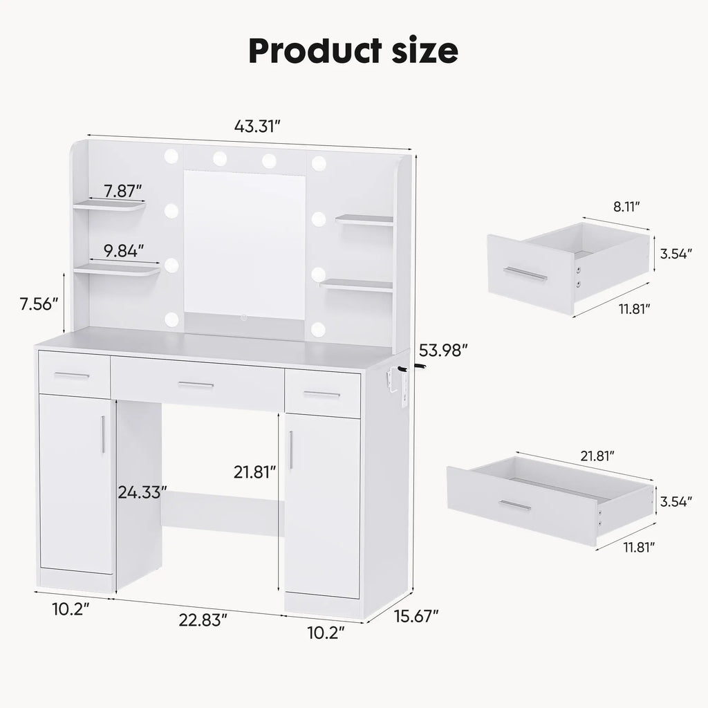 Vanity Table Set - Dresser with Lighted Mirror, Power Outlet, Drawers and Shelves, Cabinet & Hair Dryer Holder for Bedroom Girls