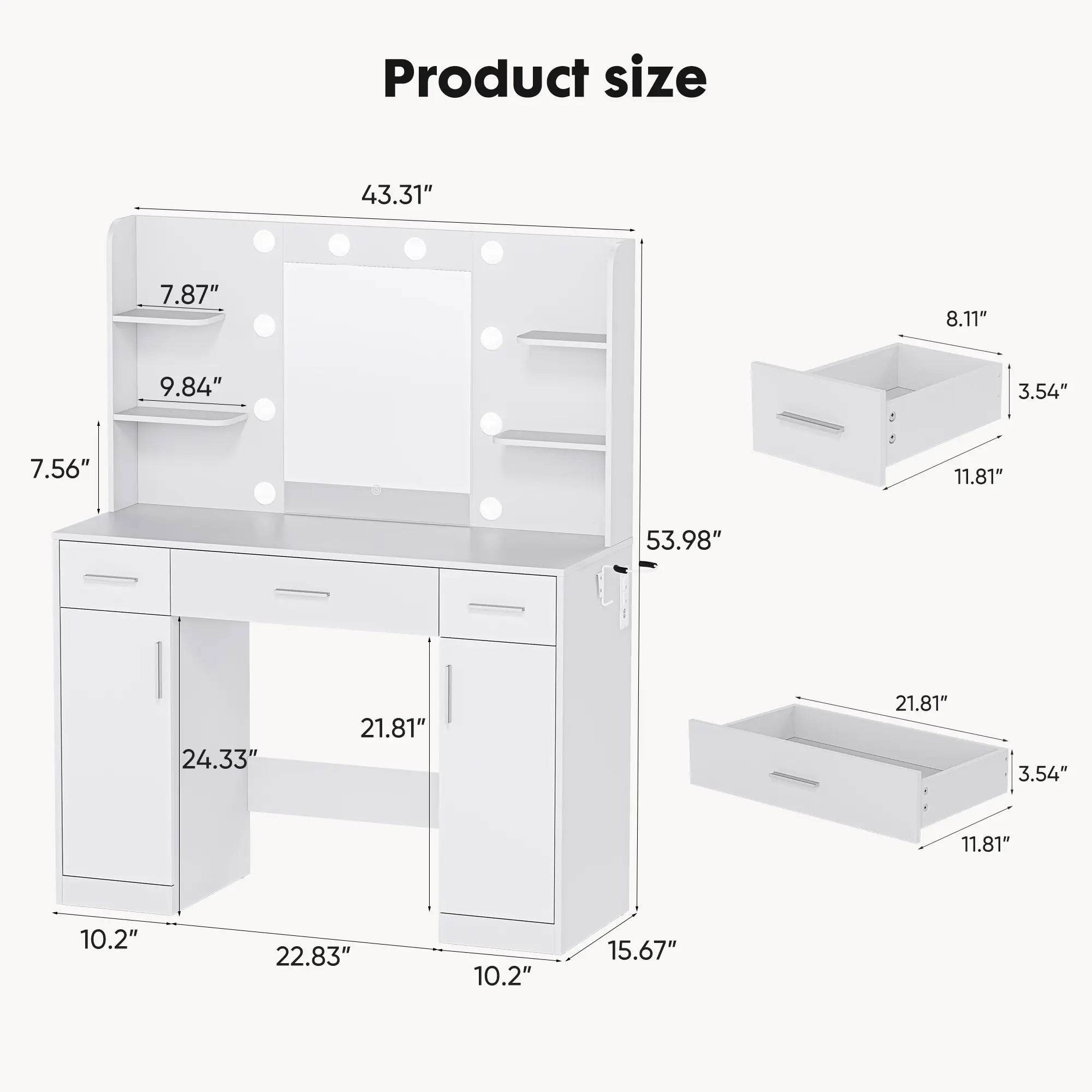 Vanity Table Set - Dresser with Lighted Mirror, Power Outlet, Drawers and Shelves, Cabinet & Hair Dryer Holder for Bedroom Girls