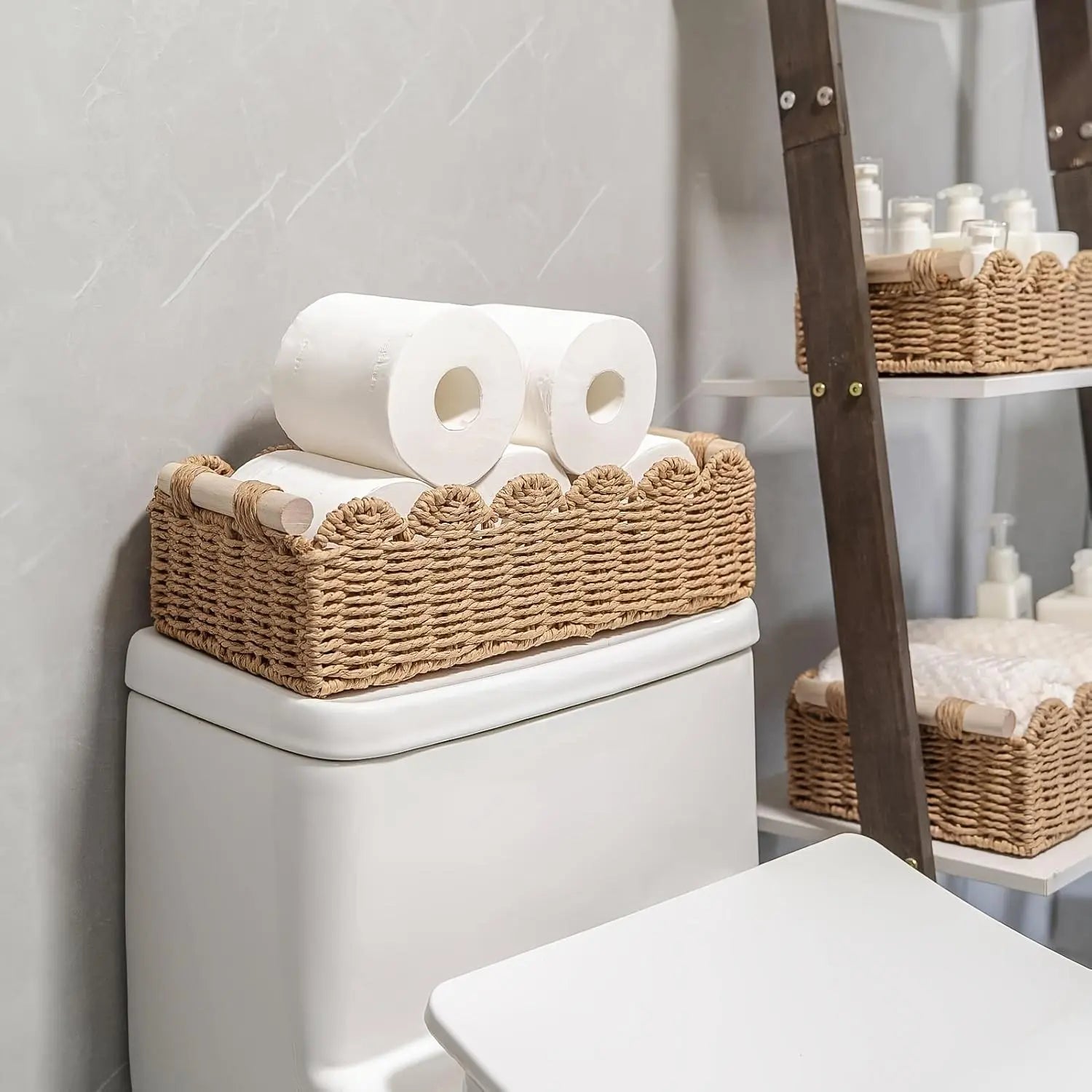Woven Storage Basket with Fan Edge Design, Natural Basket for Toilet Tank Top Shelf, Bathroom Living Room Bedroom Vanity Home Decor Accessories