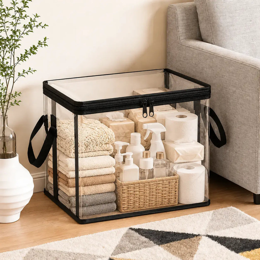 【 Free Shipping 】Large Clear Thick Plastic Storage Box with Hinged Lid, Camping, Travel, Attic and Movingheavy-Duty Durable High Capacity Organizer, Perfect for Home,