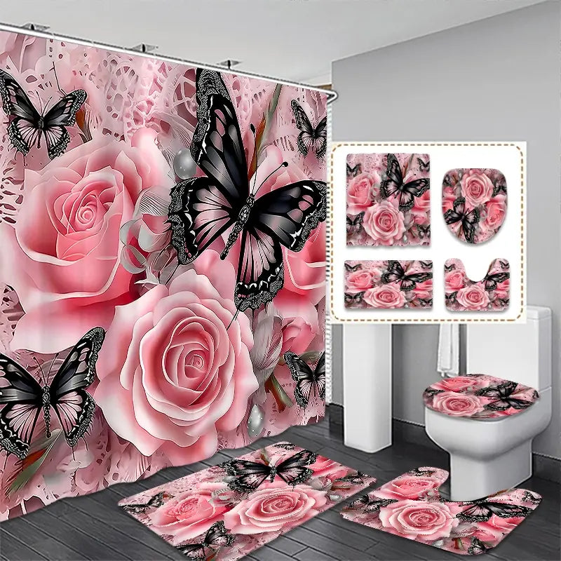 Creative Romantic Floral Insect Style Rose Flower Shower Curtain Set, 180X180Cm, Includes Hooks and Mat, Home Bathroom Decor Gift, Bathroom Accessory