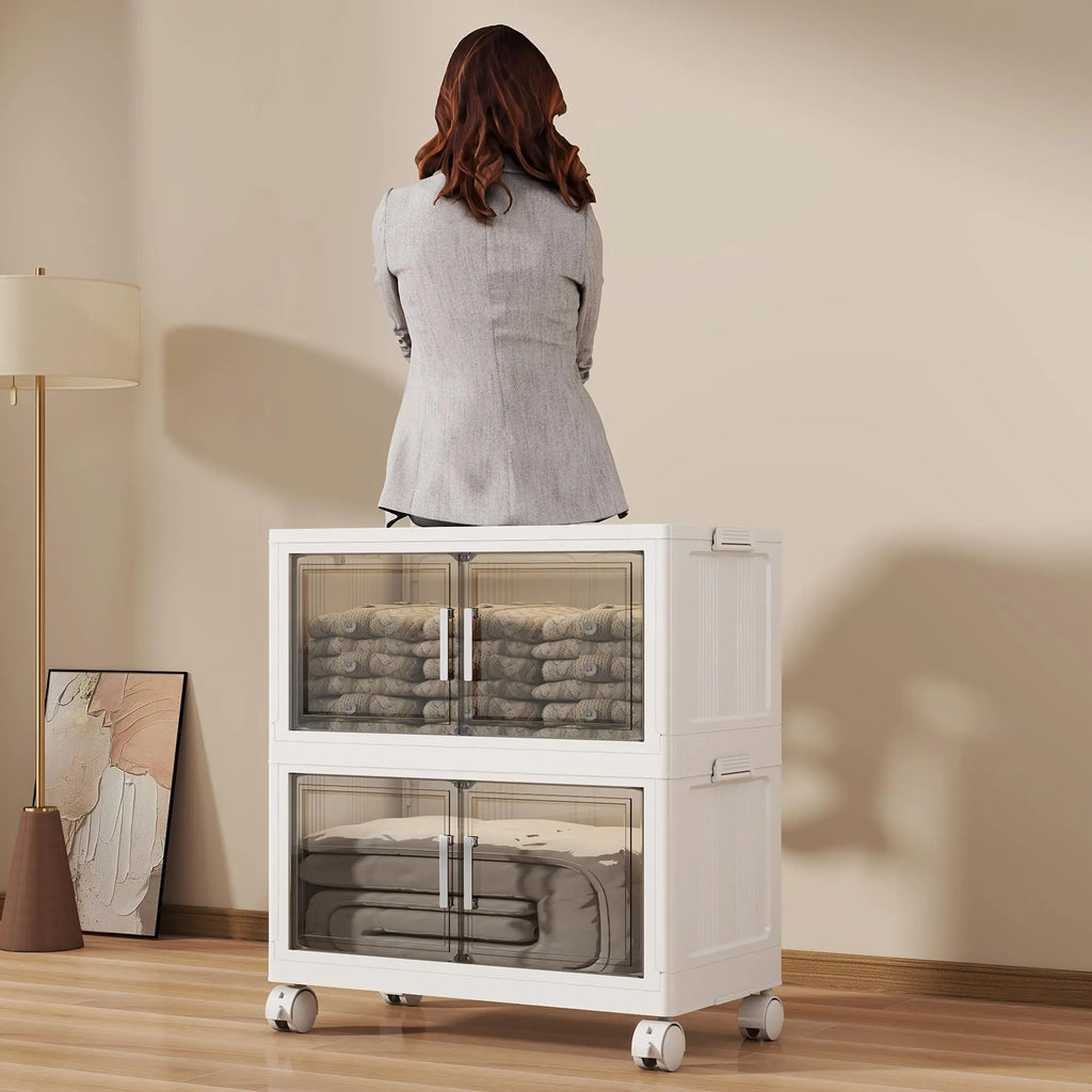 Naviconvex 400QT / 600QT / 750QT XXXXL Extra Large Foldable Storage Cabinet with Magnetic Doors & Wheels – 25.6In / 29.5In / 34.7In Width, 3/4/5 Tier Stackable Plastic Organizer for Kitchen, Bathroom, Bedroom & Closet, Closet Organizati