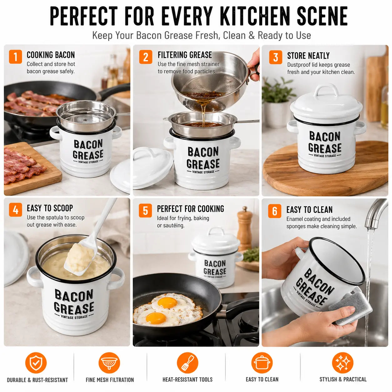 Rustic Farmhouse Enamel Bacon Grease Container - Large Enamel Grease Saver Strainer for Efficient Kitchen Use with Fine Mesh Strainer and Food-Grade Silicone Spatula, 46Oz Retro Farmhouse Style Large Enamel Oil Keeper, Dishwasher Safe Kitchen Utensil Tikt