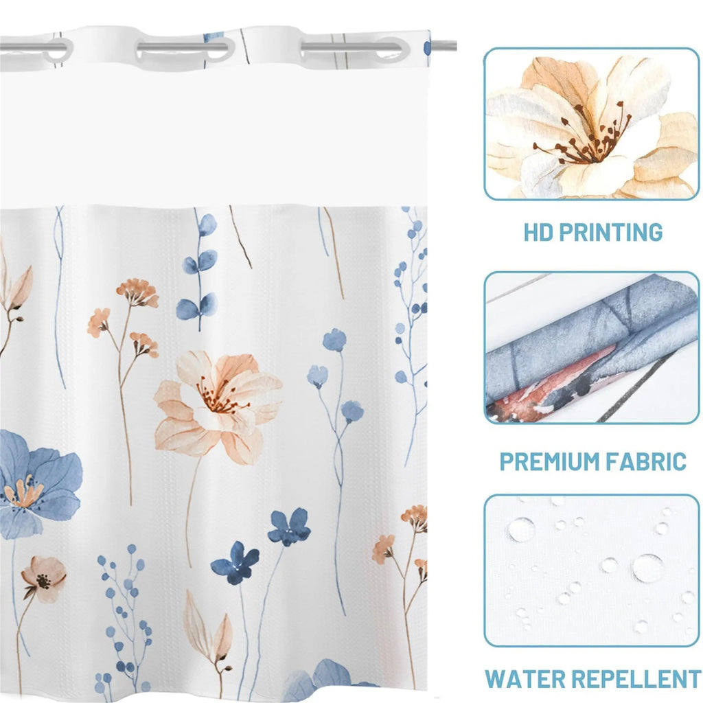 Floral Pattern Shower Curtain, 1 Count Waterproof Pastel Bathroom Curtain with Snap in Liner, Bathroom Decor Supplies for Home Hotel Salon Dormitory
