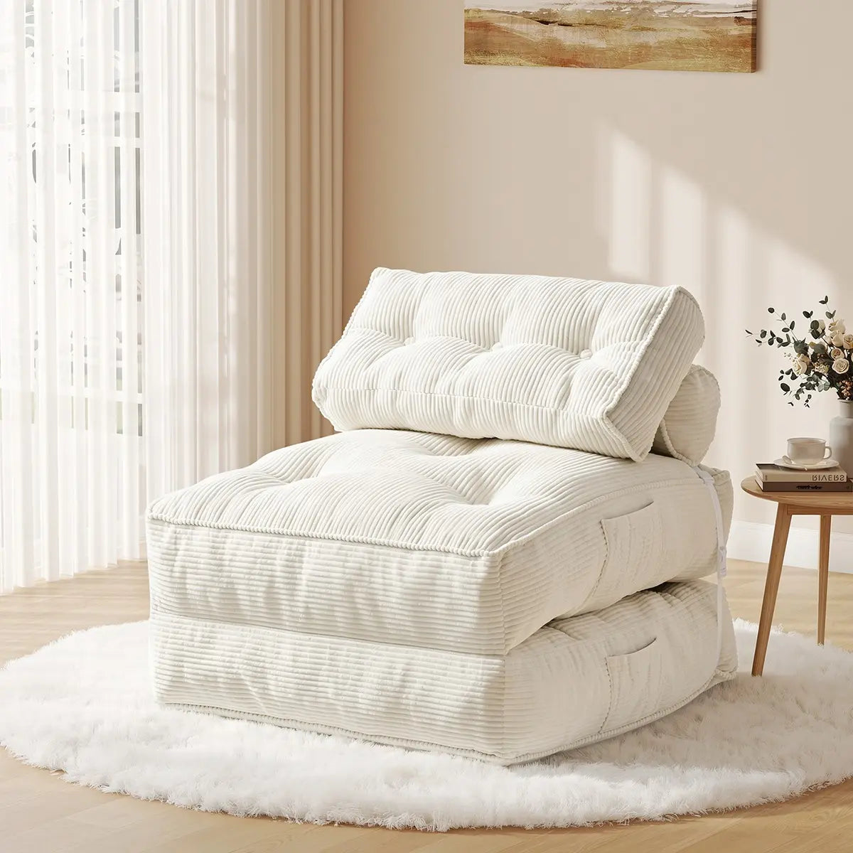 【Dealsforyoudays】Onbrill Folding Sofa Bed with Pillow, Convertible Sleeper Chair with Back Support, Corduroy Portable Fold Out Chair Bed, Comfy Floor Sofa Lounge for Living Room, Single