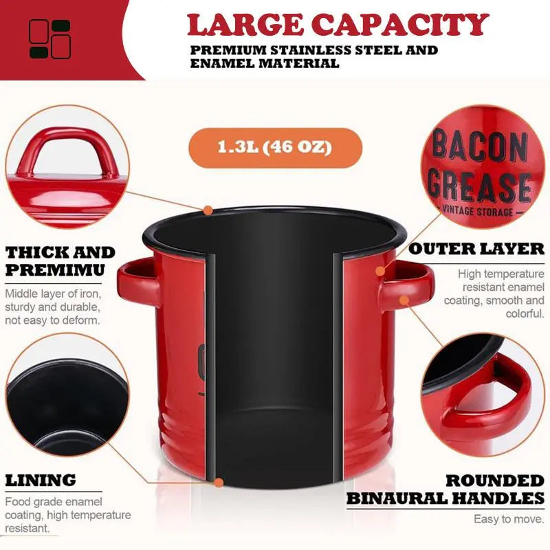 Rustic Farmhouse Enamel Bacon Grease Container - Large Enamel Grease Saver Strainer for Efficient Kitchen Use with Fine Mesh Strainer and Food-Grade Silicone Spatula, 46Oz Retro Farmhouse Style Large Enamel Oil Keeper, Dishwasher Safe Kitchen Utensil Tikt