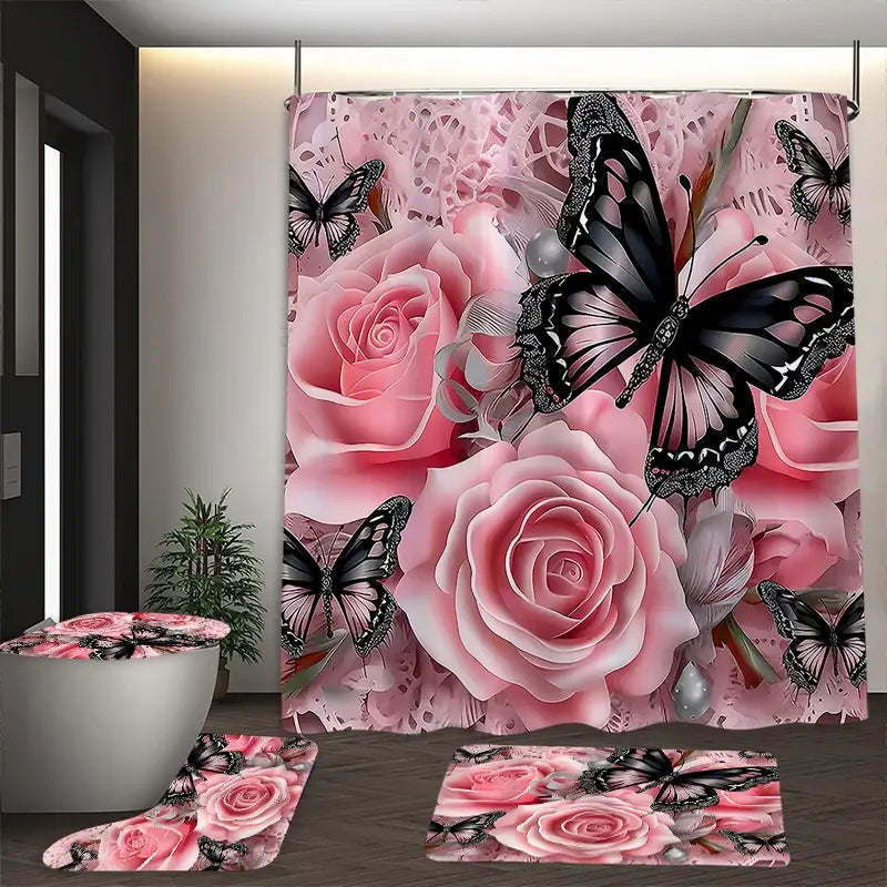 Creative Romantic Floral Insect Style Rose Flower Shower Curtain Set, 180X180Cm, Includes Hooks and Mat, Home Bathroom Decor Gift, Bathroom Accessory