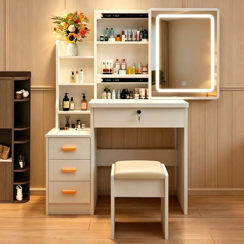 Space-Saving Vanity Table with LED Mirror & Storage Cabinet – All-In-One Beauty Station