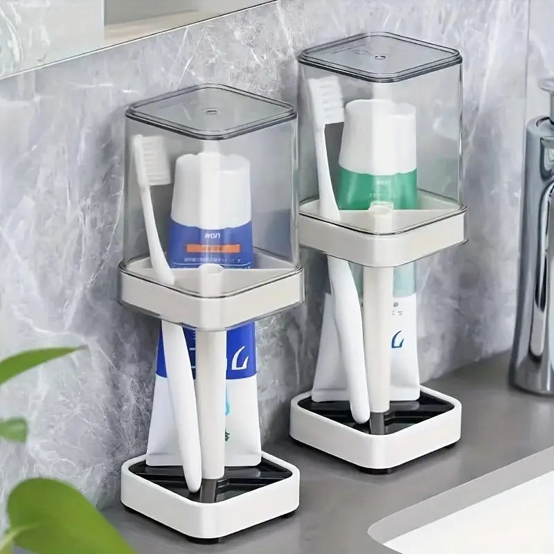 Toothbrush Holder Stand with Cover/Cup, 3 Slots for Toothbrushes, Compatible with Toothpaste & Razor Comb, Vanity Organiser White