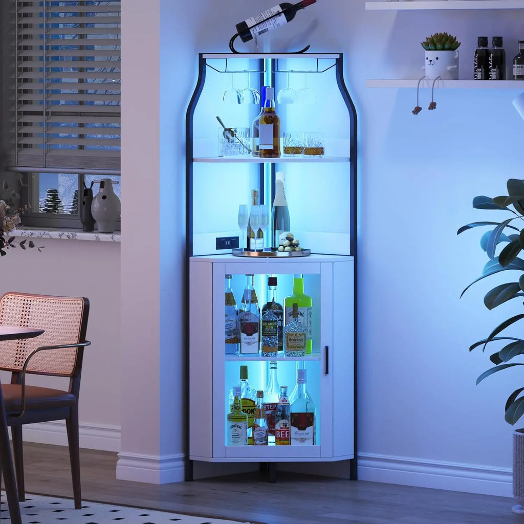 Corner Wine Cabinet with Removable Wine Rack, Industrial Wine Cabinet with Glass Holder and Mesh Door, Liquor Coffee Bar Cabinet with Adjustable Shelves