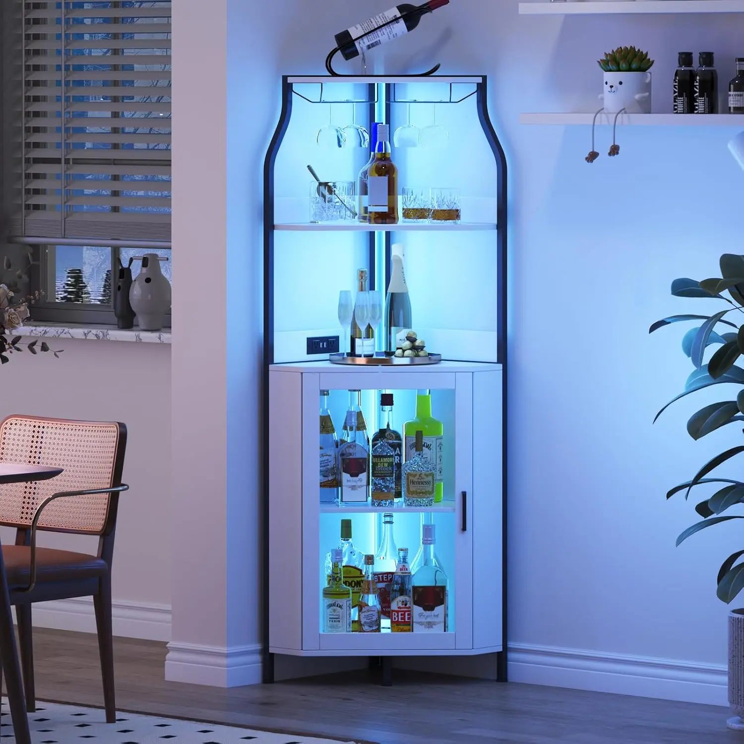 Corner Wine Cabinet with Removable Wine Rack, Industrial Wine Cabinet with Glass Holder and Mesh Door, Liquor Coffee Bar Cabinet with Adjustable Shelves