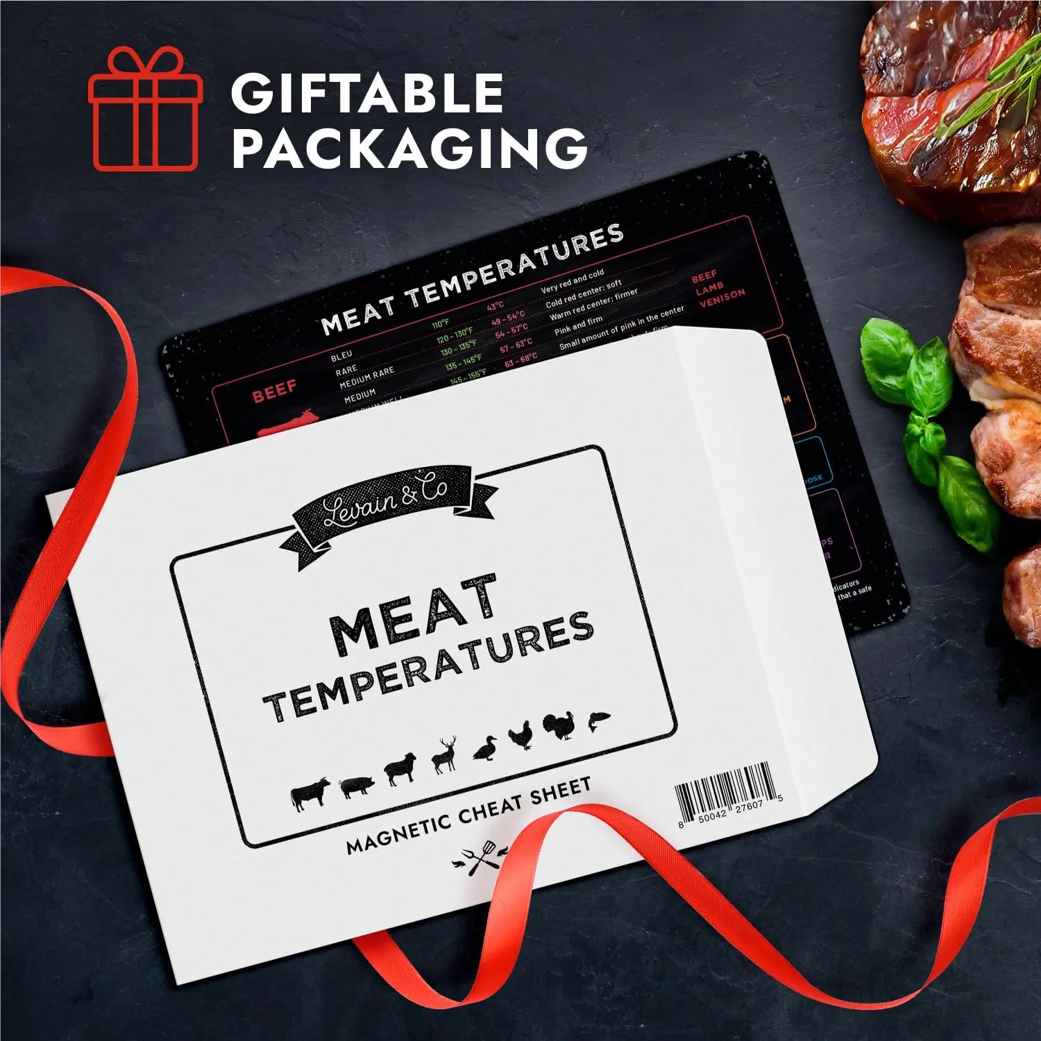Levain & Co Magnetic Meat Temperature Measuring Chart - Refrigerator Magnet, Grill & Kitchen Accessory for Beef & Chicken Doneness Guidance