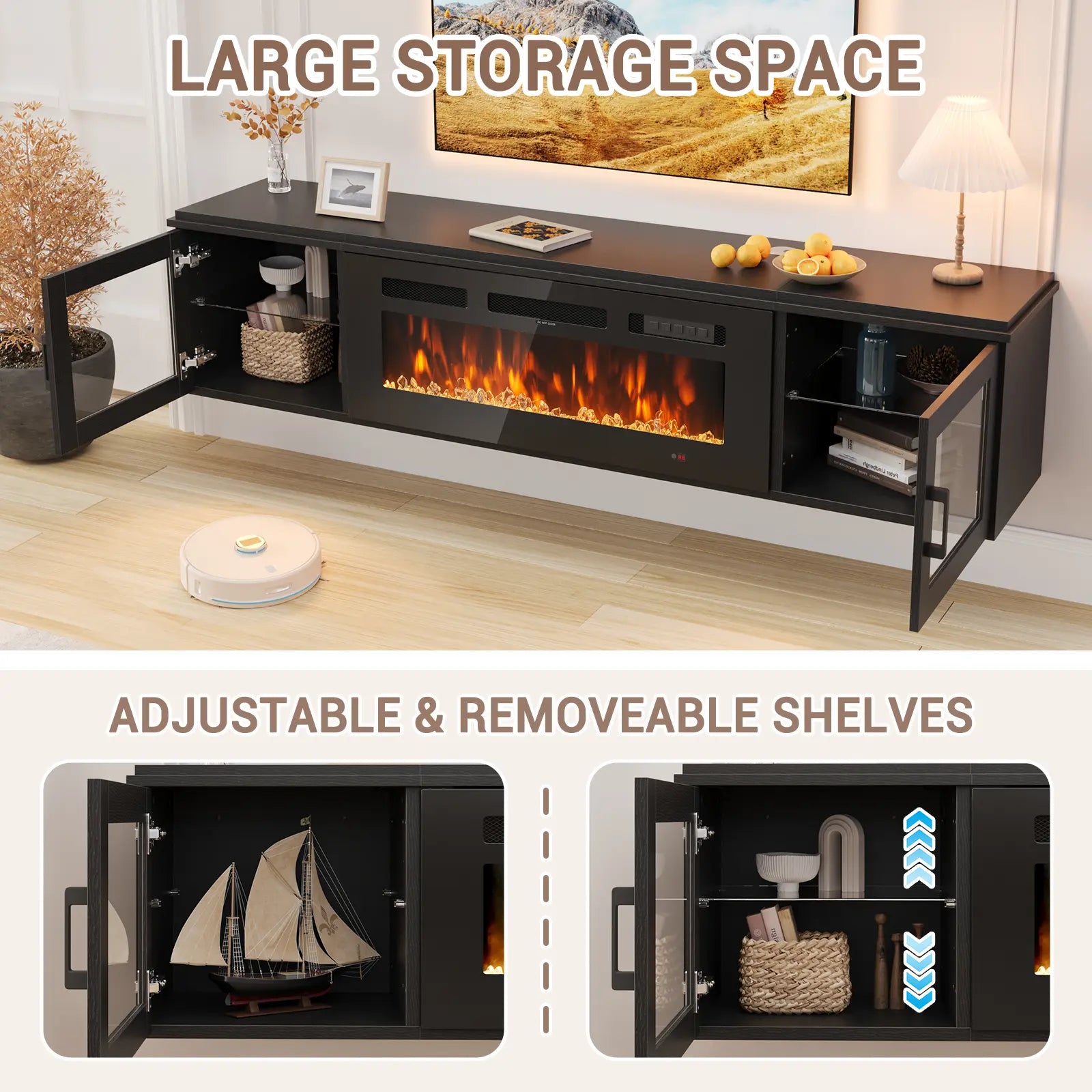 【2 Packages Shipping】Aoxun 70" Floating TV Stand with 36" Electric Fireplace, Wall Mounted Fireplace Entertainment Center with Storage, Fire Place TV Console for Living Room, All Black, Modern Tv Stand, Drawers Tv Stand Farmhouse Tv Cabinet Tv Shelf