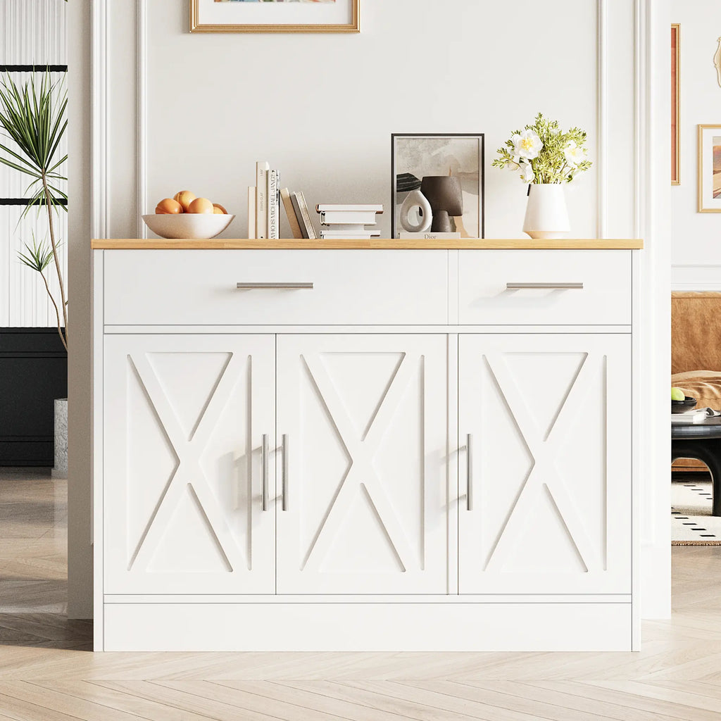 Walsunny Farmhouse Sideboard Buffet Cabinet with Storage with 3 Doors & 2 Drawers, Barn Doors Entryway Buffet Cabinet with Storage, Adjustable Metal Kitchen Cabinet,White
