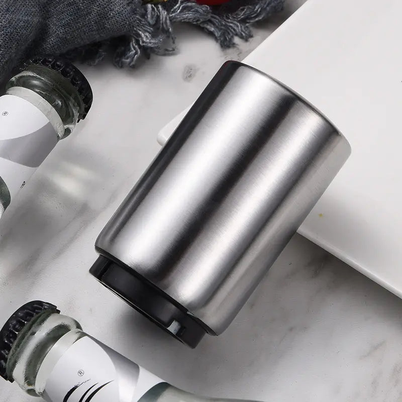 Premium Beer Bottle Opener (Silver), Magnetic Automatic Stainless Steel Push down Opener, No Cap Can Escape, Quick Open Cap for Kitchen Home Bar Restaurant Household Utensils