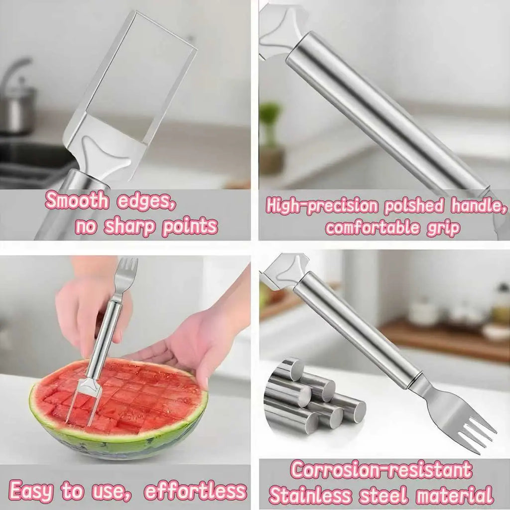 【2 Pack】Watermelon Fork Slicer Cutter Slicer Tool, 2-In-1 Stainless Steel Fruit Cutter, Dual Head Fruit Forks Slicer Knife with round Handle Fruit Cutting Kitchen Utensils