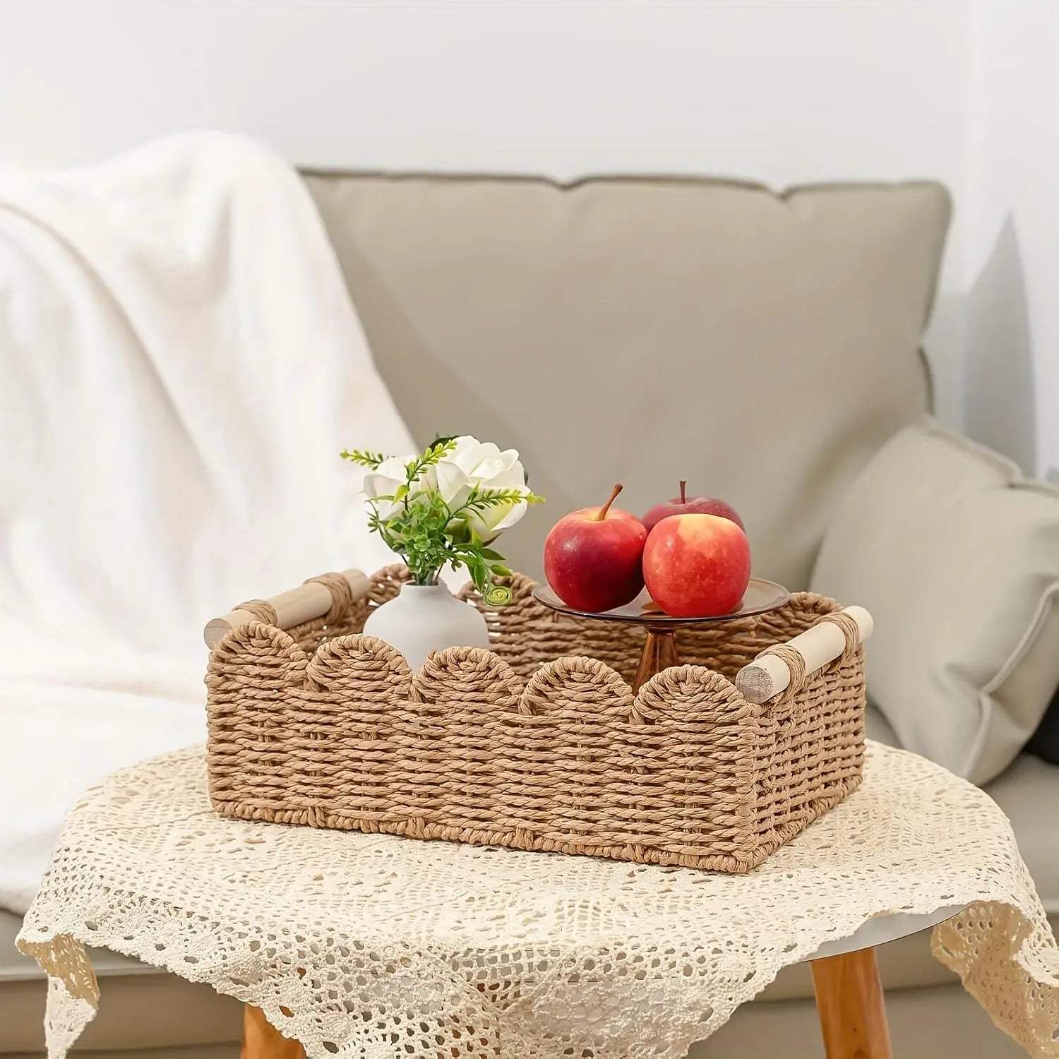 Woven Storage Basket with Fan Edge Design, Natural Basket for Toilet Tank Top Shelf, Bathroom Living Room Bedroom Vanity Home Decor Accessories