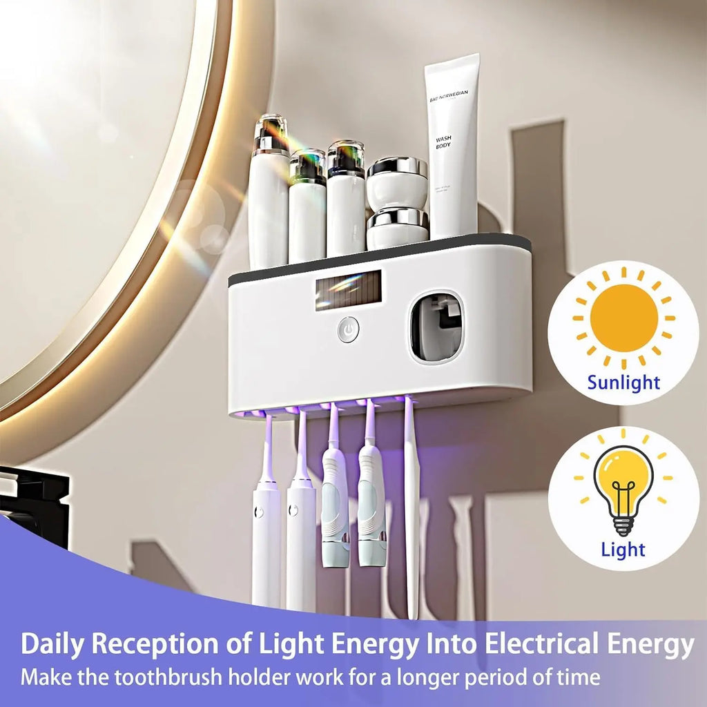 Wall-Mounted Toothbrush Holder for Bathroom - Adhesive-Backed No-Drilling Design, Multi-Slot Bathroom Organizer for Toothbrushes & Toothpaste, Solar-Charged Storage Stand, Apartment Accessories