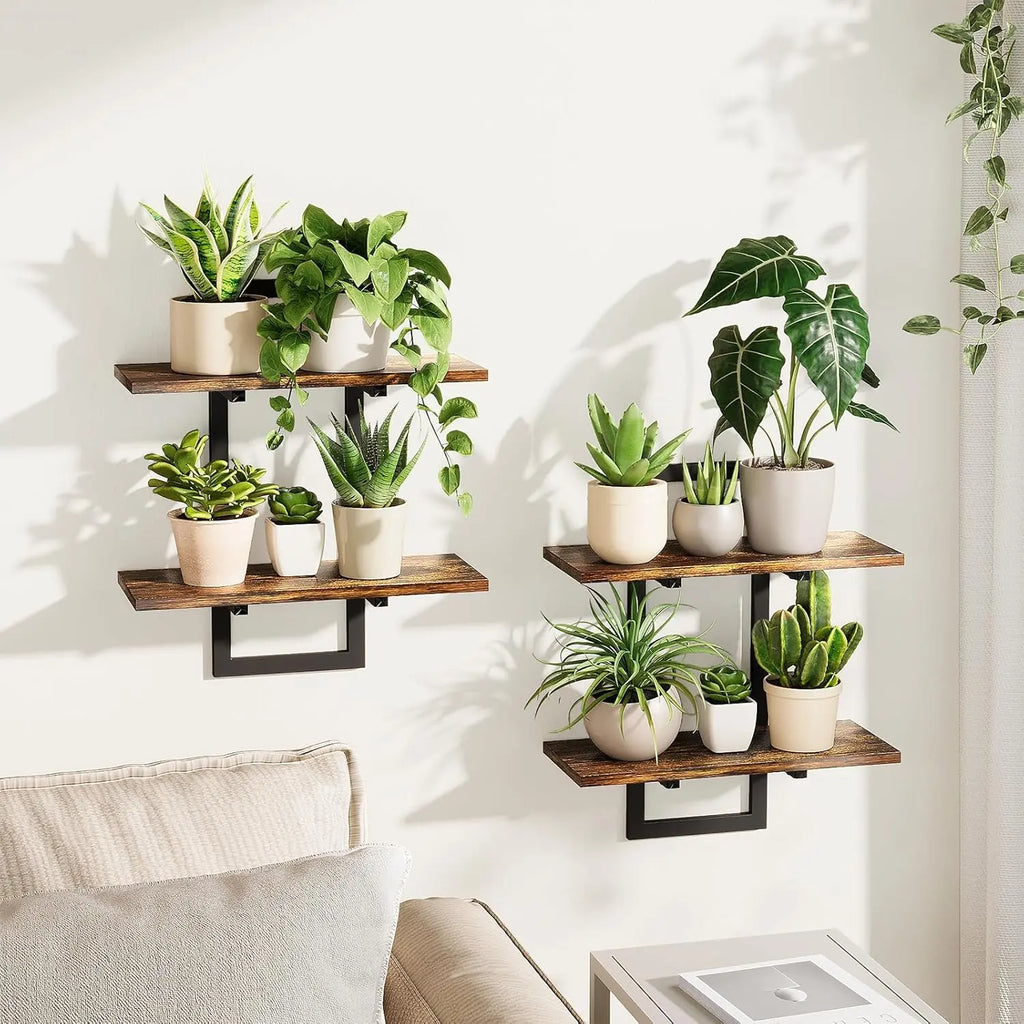 Bamworld 2-Pack Brown Wooden Wall Planters - Hanging Mount Shelves, Indoor Plant Holder, Living Room Wall Decor, Unique Accent