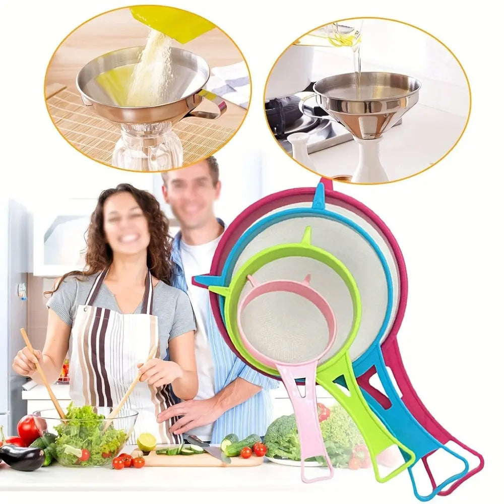 Easy-To-Clean 4Pcs Kitchen Strainer Set with Handles, Kitchen Strainer Utensils, Kitchen Accessories, Perfect for Powdered Sugar, Soy Milk, Flour & Rice Washing, Essential Baking Gadgets, Food Colander Kitchenware