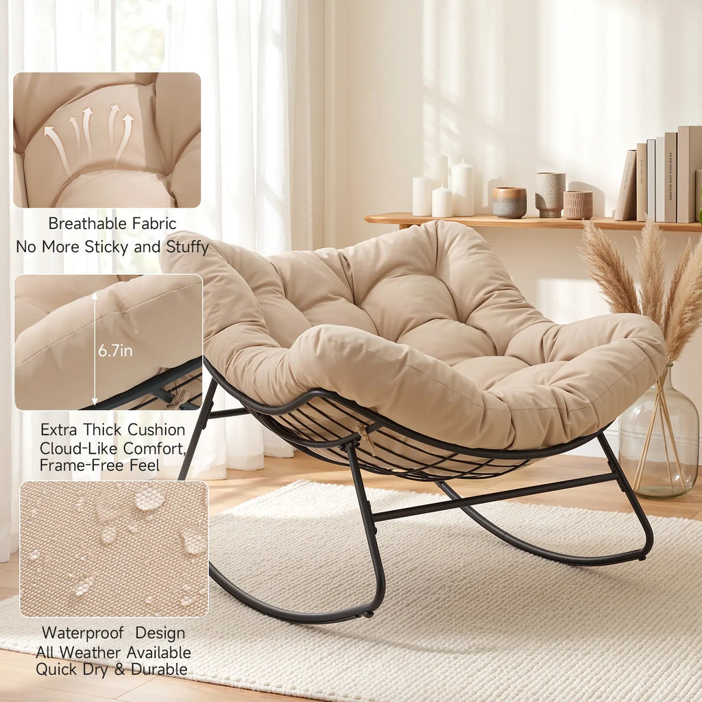 Papasan Rocking Chair Indoor, Oversized Rocking Chair with Thickened Cushion, 450 Lbs Large Comfy Egg Chair Indoor,Cozy Lounge Reading Glider Chair for Bedroom, Blue