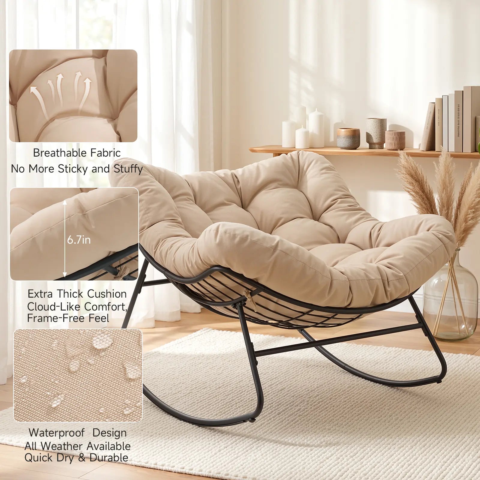 Papasan Rocking Chair Indoor, Oversized Rocking Chair with Thickened Cushion, 450 Lbs Large Comfy Egg Chair Indoor,Cozy Lounge Reading Glider Chair for Bedroom, Blue