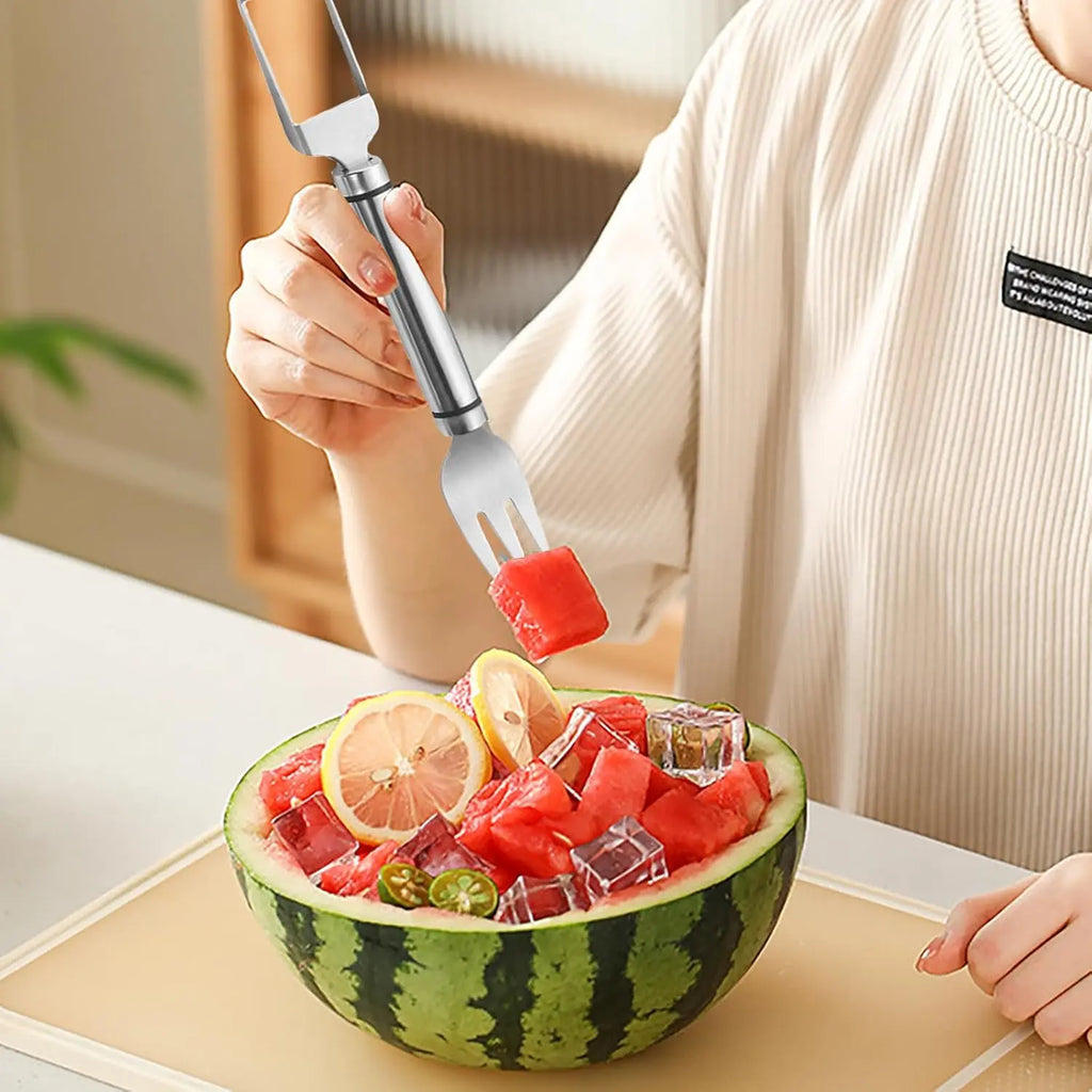 【2 Pack】Watermelon Fork Slicer,Watermelon Cubecutter Tool, 2-In-1 Stainless Steel Fruit Cutter, Dualhead Fruit Forks Slicer Knife with round Handle,Fruitcutting Kitchen Utensils,Portable Modern #Summervibes