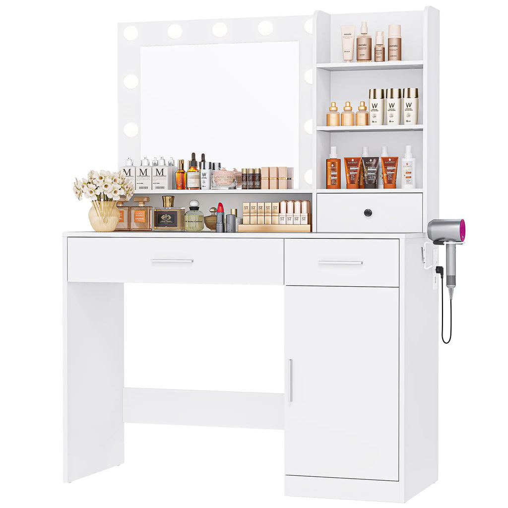 Vanity Table Set - Dresser with Lighted Mirror, Power Outlet, Drawers and Shelves, Cabinet & Hair Dryer Holder for Bedroom Girls