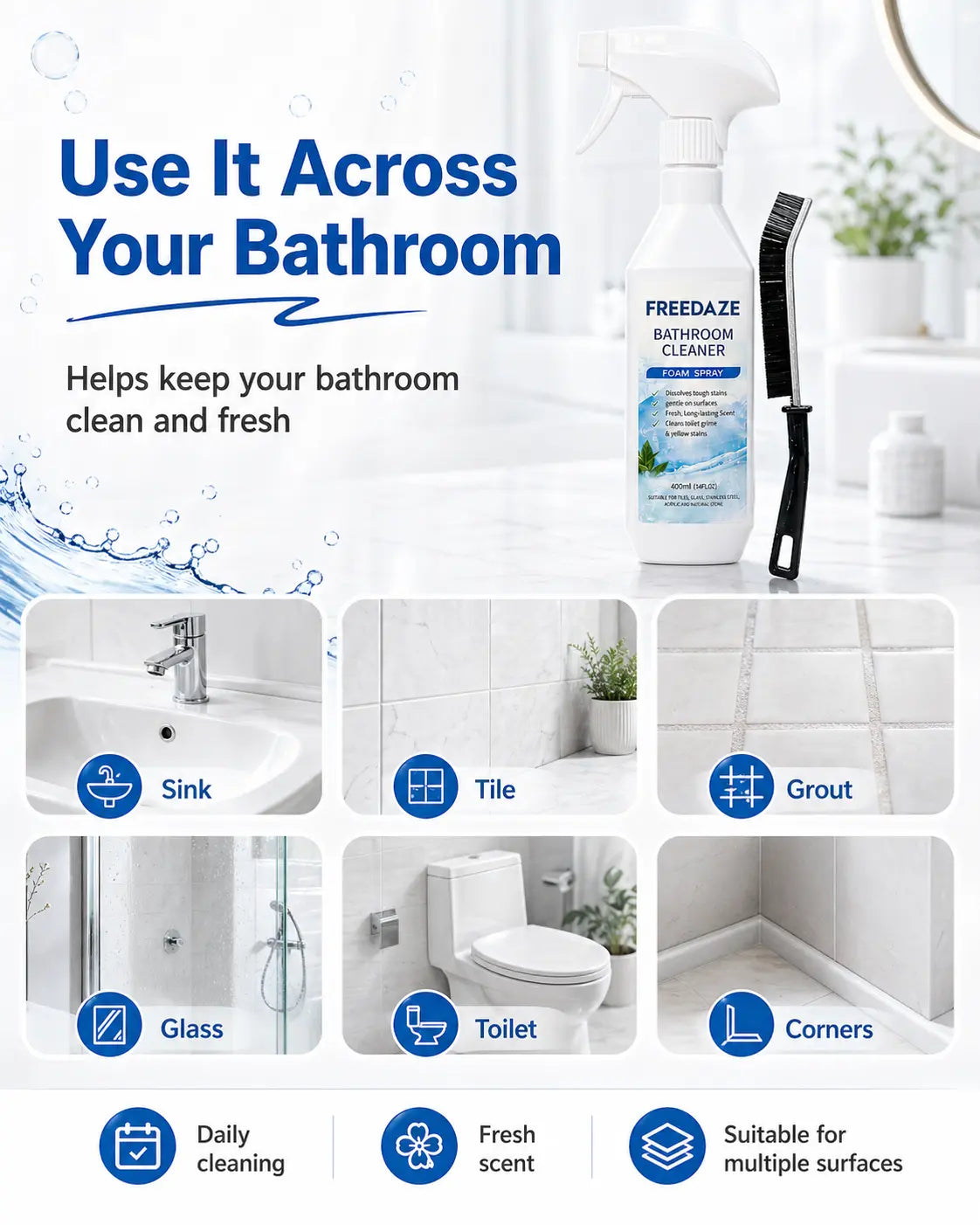 FREEDAZE Hard Water Stain Remover & Soap Scum Cleaner for Shower Glass, Bathtub & Tile - Bathroom Cleaning Spray with Brush | Heavy Duty Grout Cleaner