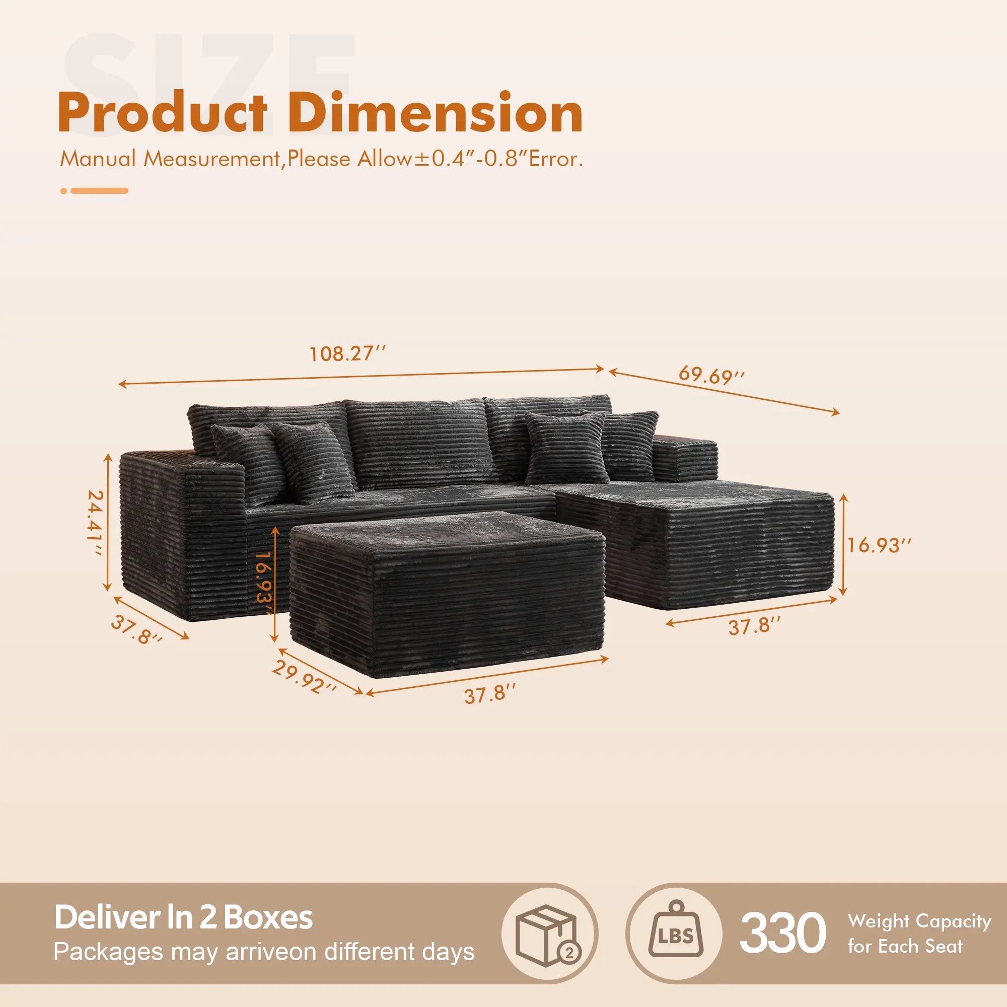 【Summer Vibes】Xizzi 108" Oversized Modular Cloud Sectional Sofa Set, L/U Shaped Boneless Couch High-Density Foam Plush Corduroy Deep Seat Sofa Bed for Living Room Bedroom, No Assembly Required