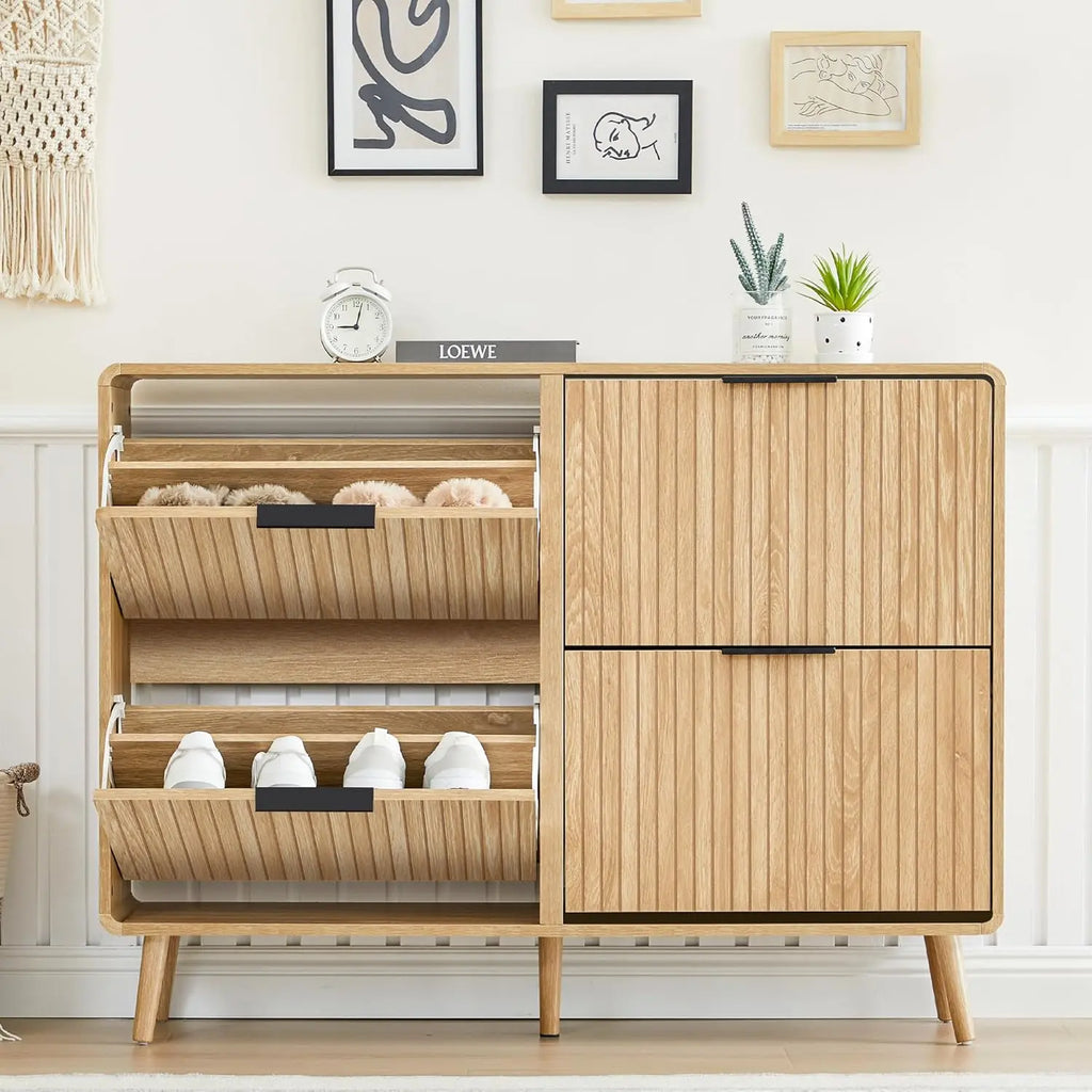 Giratree 47" Fluted Large Shoe Cabinet with 4 Flip Drawers, Slim Freestanding Shoe Cabinet Organizer, Narrow Shoes Storage Rack for Entryway, 5 Sturdy Legs