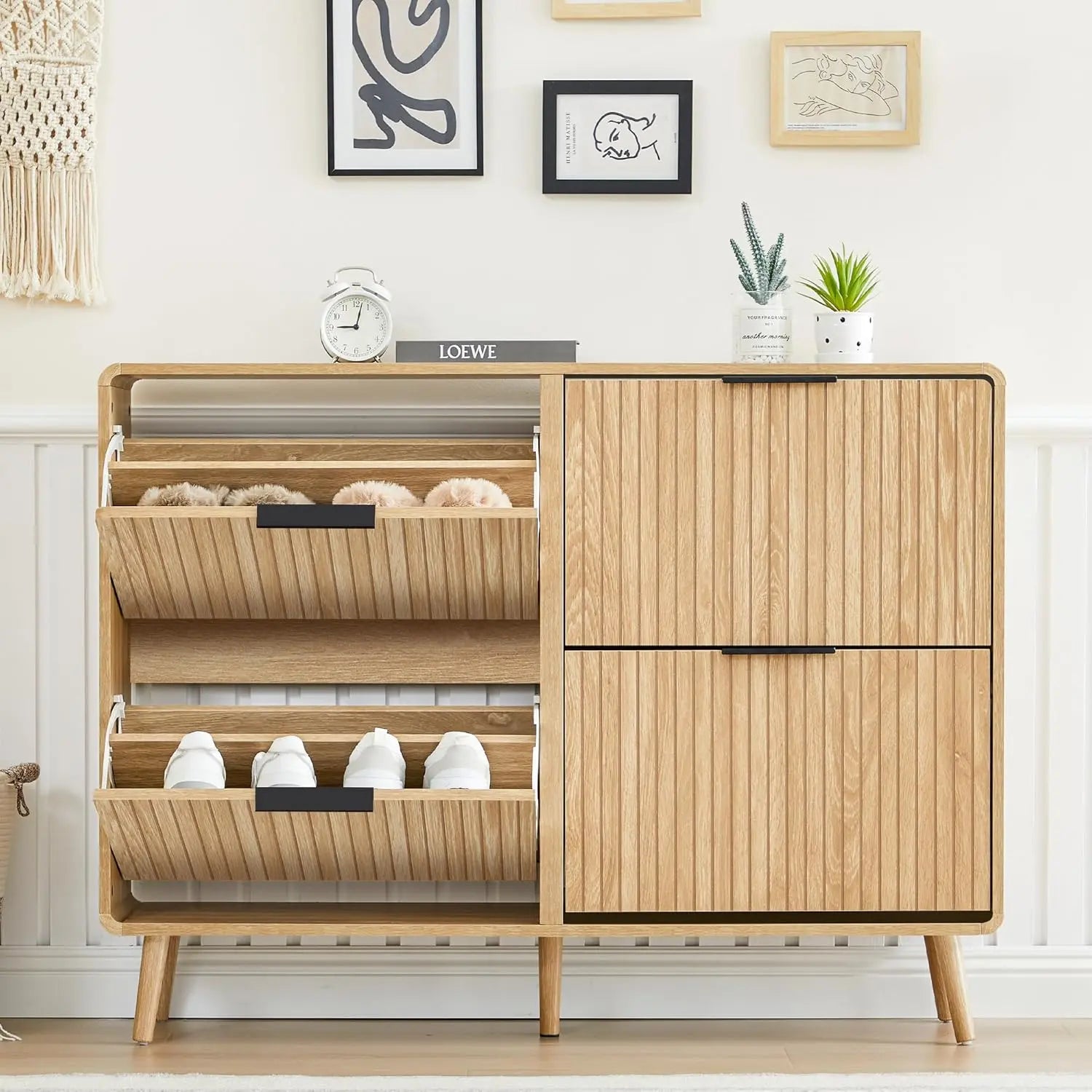 Giratree 47" Fluted Large Shoe Cabinet with 4 Flip Drawers, Slim Freestanding Shoe Cabinet Organizer, Narrow Shoes Storage Rack for Entryway, 5 Sturdy Legs