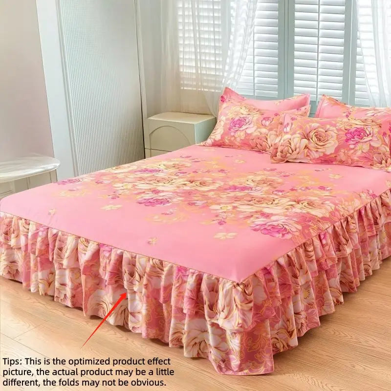 Floral Print Ruffled Edge Bed Skirt Set, 3-Count Set Including 1 Bed Skirt and 2 Pillowcases without Filler, Comfortable Bedding Set for Home Bedroom