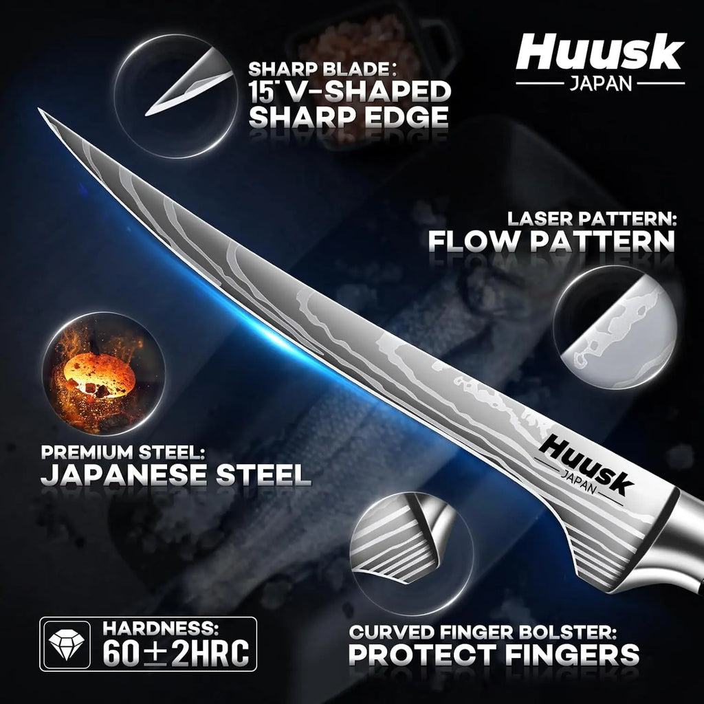 Huusk Filet Knife for Fish - 7 Inch Fish Fillet Knife with Wood Handle, Flexible Boning Knives for Meat Cutting, Professional Japanese Fishing Knives for Meat Poultry Cutting