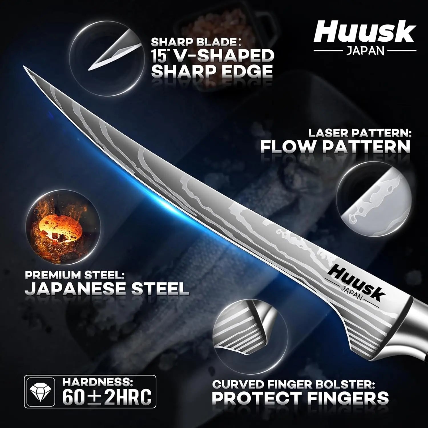 Huusk Filet Knife for Fish - 7 Inch Fish Fillet Knife with Wood Handle, Flexible Boning Knives for Meat Cutting, Professional Japanese Fishing Knives for Meat Poultry Cutting