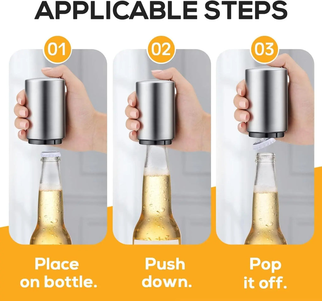 【Summervibes】 Premium Beer Bottle Opener (Silver), 1 PC Stainless Steel Automatic Push down No Damage Quick to Open Small Portable Bottle Cap Openers for Home Bars Picnic Camping Hiking