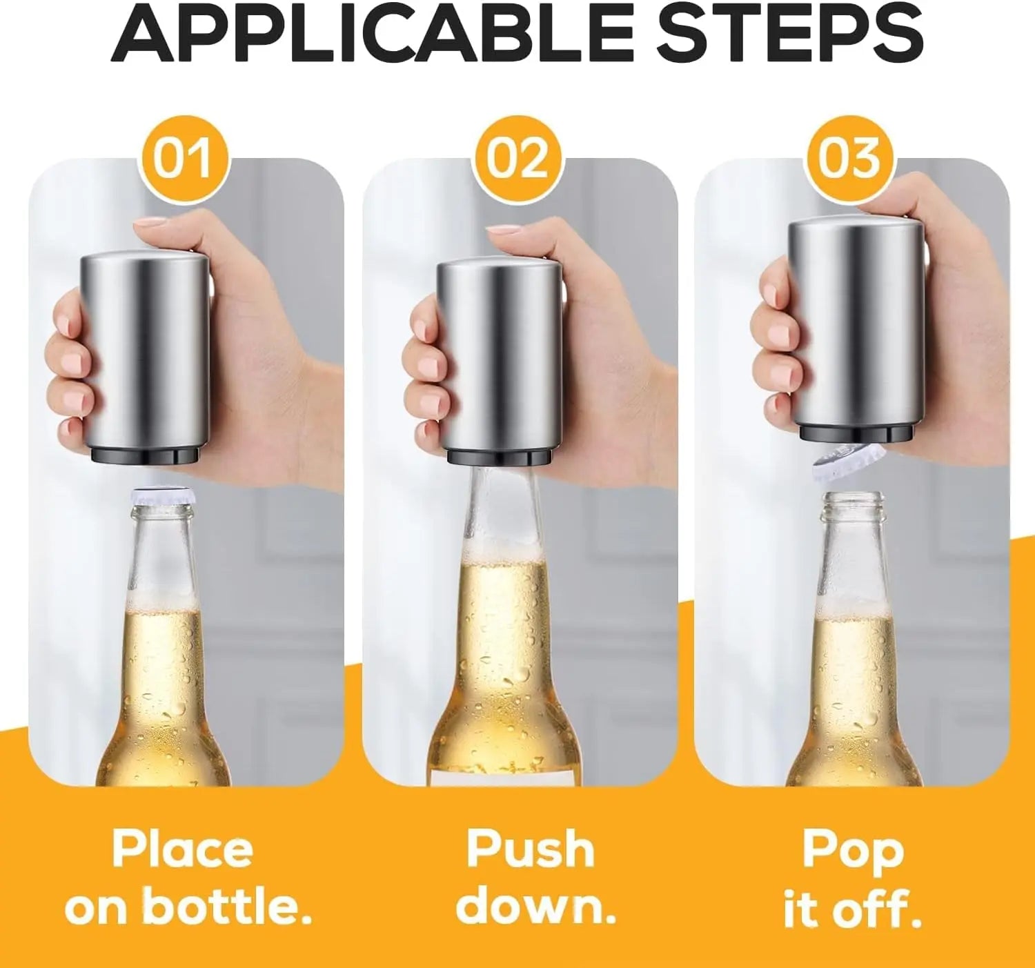 【Summervibes】 Premium Beer Bottle Opener (Silver), 1 PC Stainless Steel Automatic Push down No Damage Quick to Open Small Portable Bottle Cap Openers for Home Bars Picnic Camping Hiking