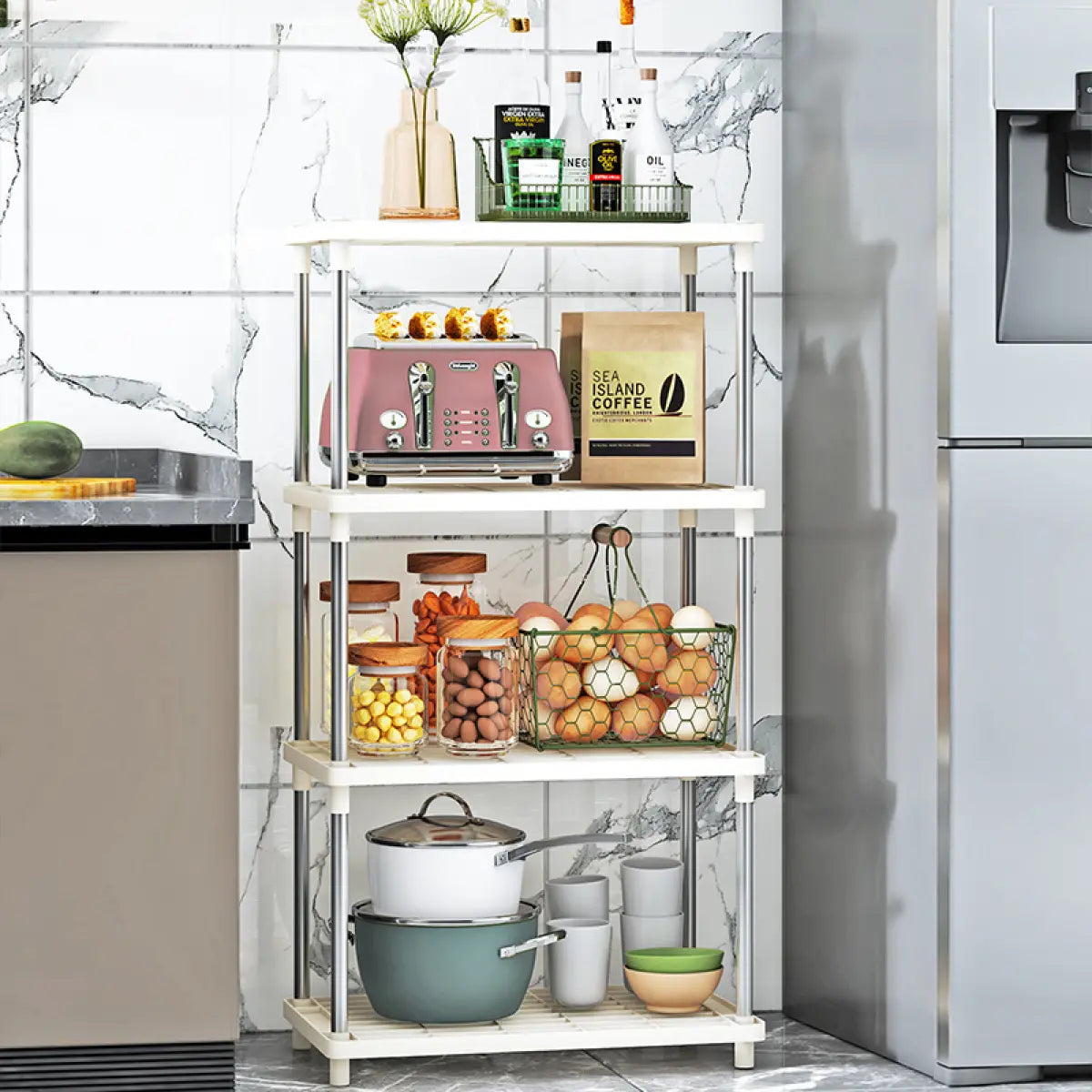 4 Tier Plastic and Metal Freestanding Shelf Bathroom Organizer, Shelving Unit Storage Rack Organizer for Home, Garage, Basement, Shed and Laundry Room
