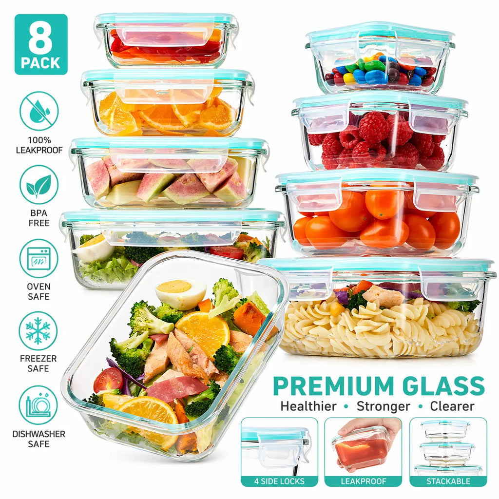 Premium 8 Pack Glass Food Storage Containers with Airtight Lids, Borosilicate Glass Meal Prep Containers, Lunch Office Meal for Microwave, Oven, Freezer and Dishwasher, BPA Free