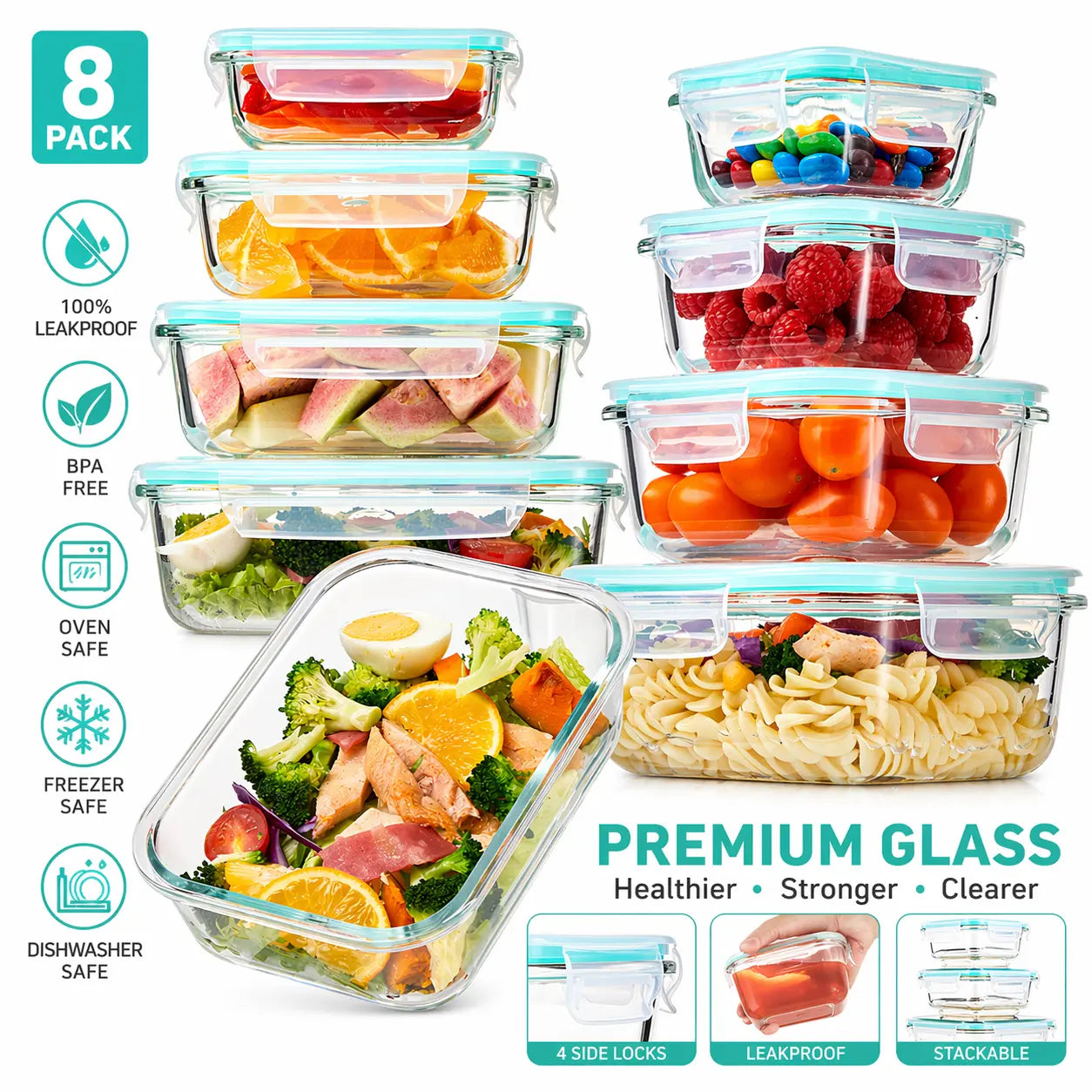 Premium 8 Pack Glass Food Storage Containers with Airtight Lids, Borosilicate Glass Meal Prep Containers, Lunch Office Meal for Microwave, Oven, Freezer and Dishwasher, BPA Free