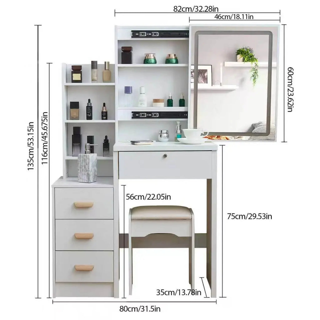 Space-Saving Vanity Table with LED Mirror & Storage Cabinet – All-In-One Beauty Station