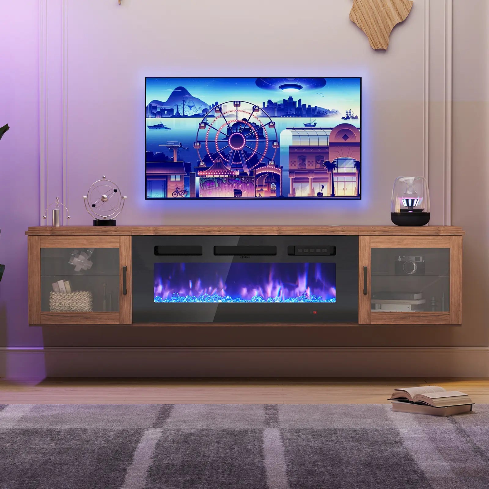 【2 Packages Shipping】Aoxun 70" Floating TV Stand with 36" Electric Fireplace, Wall Mounted Fireplace Entertainment Center with Storage, Fire Place TV Console for Living Room, All Black, Modern Tv Stand, Drawers Tv Stand Farmhouse Tv Cabinet Tv Shelf
