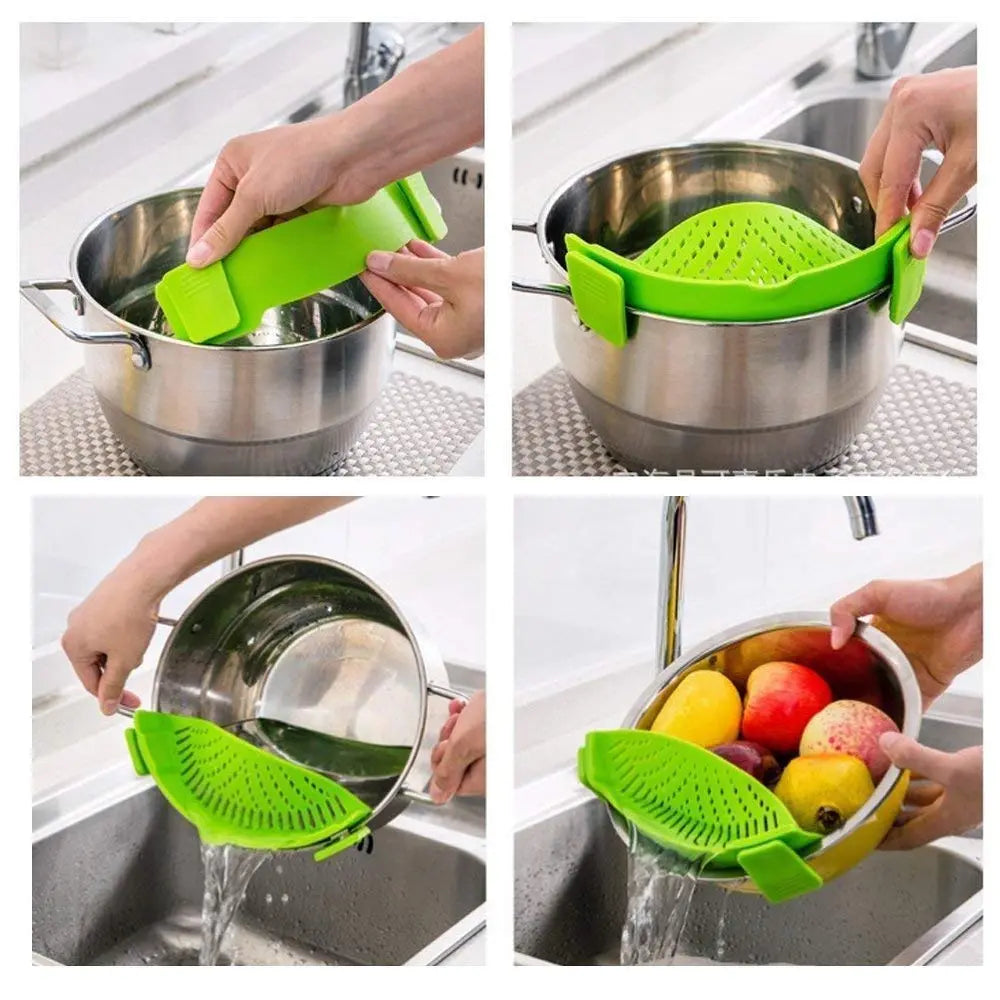 Silicone Pasta Strainer Clip-On for Pots and Pans - Heat Resistant Colander for Vegetables and Noodles - Kitchen Gadgets for Cooking - Space-Saving Design - Gray