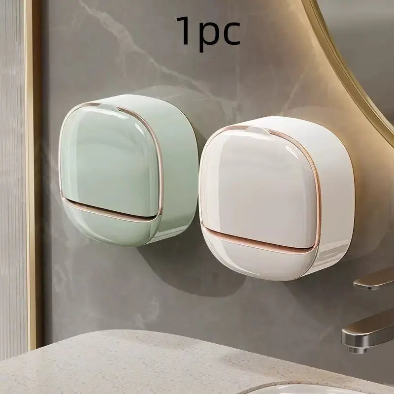 Wall-Mounted Soap Dish with Drainage Box - Waterproof Soap Holder for Shower with Flip Lid, Punch-Free Design to Keep Soap Bars Dry