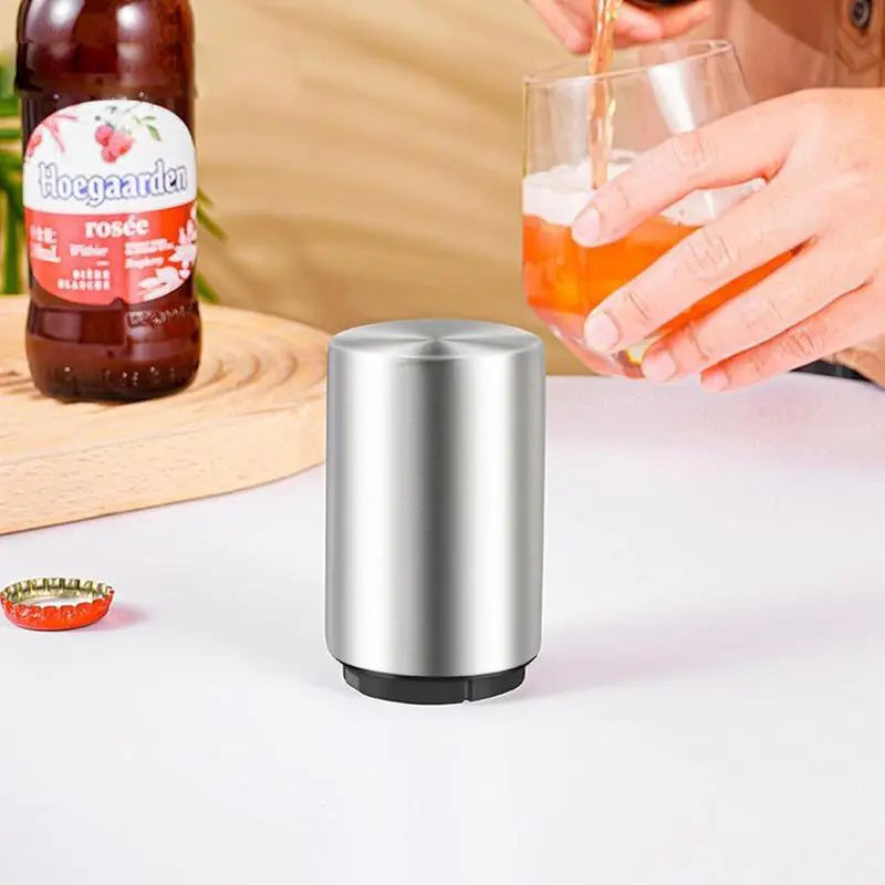 【Summervibes】 Premium Beer Bottle Opener (Silver), 1 PC Stainless Steel Automatic Push down No Damage Quick to Open Small Portable Bottle Cap Openers for Home Bars Picnic Camping Hiking