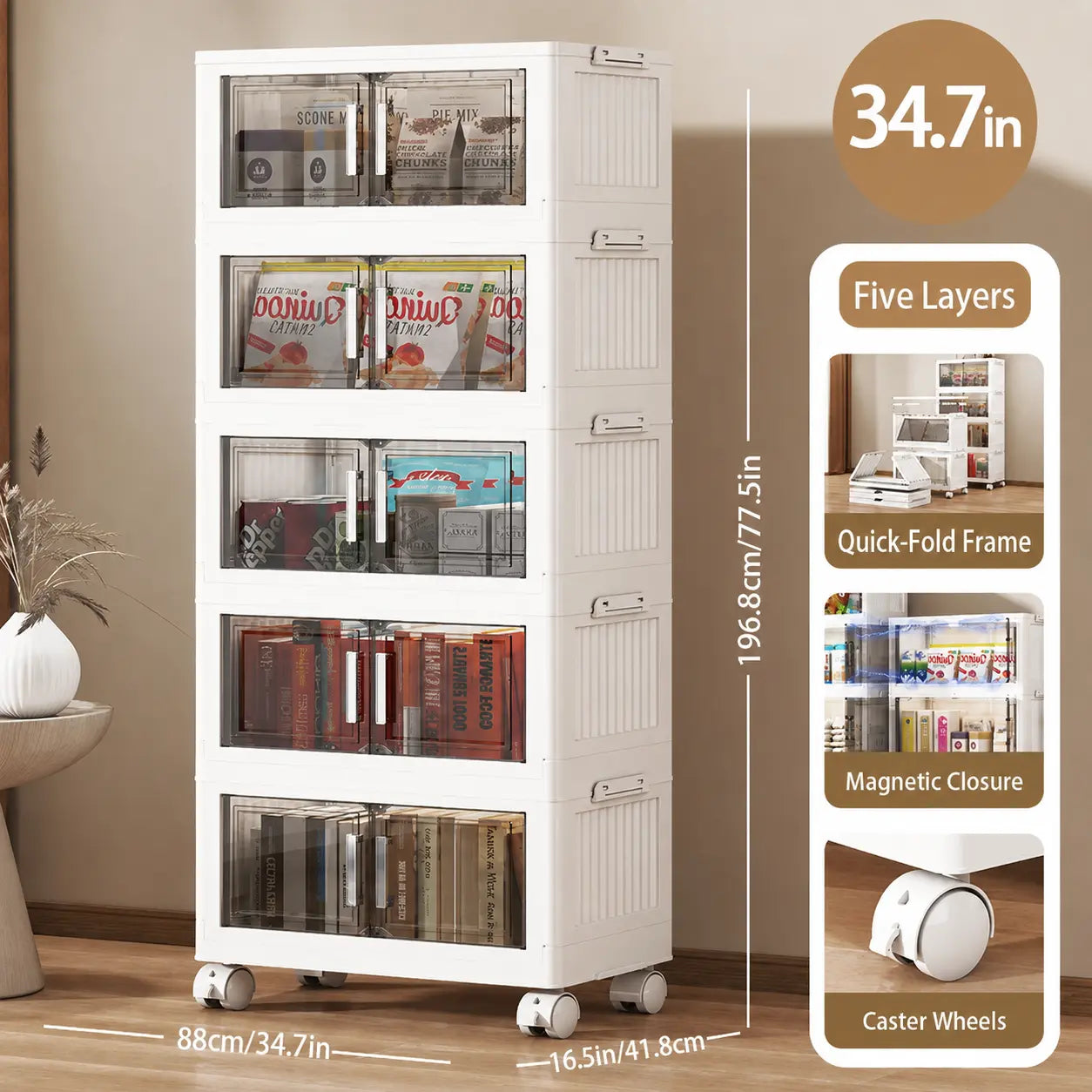 Naviconvex 400QT / 600QT / 750QT XXXXL Extra Large Foldable Storage Cabinet with Magnetic Doors & Wheels – 25.6In / 29.5In / 34.7In Width, 3/4/5 Tier Stackable Plastic Organizer for Kitchen, Bathroom, Bedroom & Closet, Closet Organizati