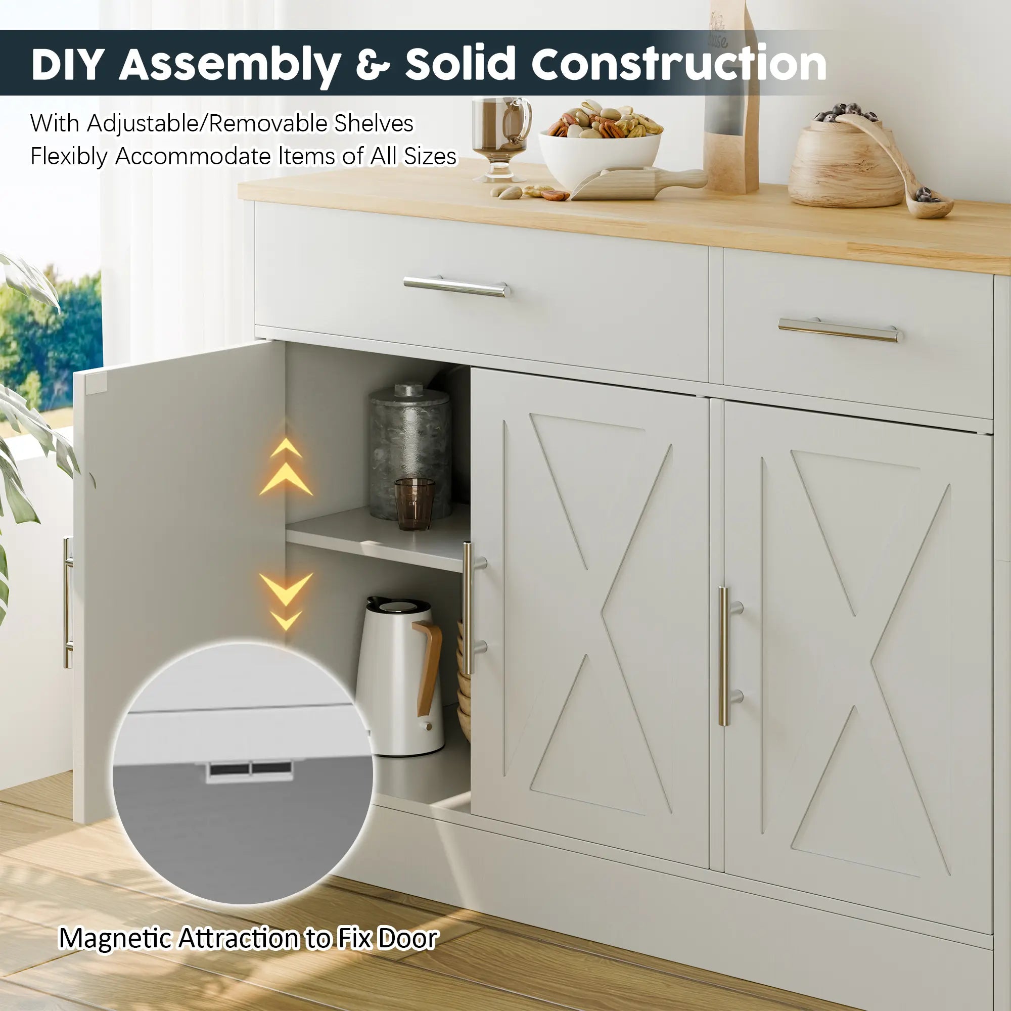 Walsunny Farmhouse Sideboard Buffet Cabinet with Storage with 3 Doors & 2 Drawers, Barn Doors Entryway Buffet Cabinet with Storage, Adjustable Metal Kitchen Cabinet,White
