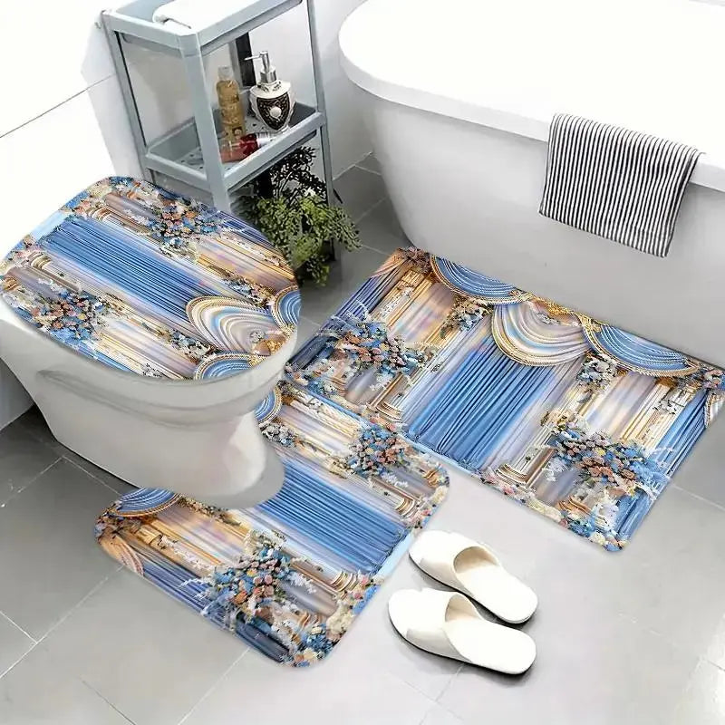1/4 Pcs Elegant Floral Pattern Bathroom Curtain Set, Festive Design, Non-Slip Floor Mat, U-Shaped Rug, Toilet Seat Cover, Perfect for Bathroom Decoration, Partition, Beautify the Space, 12 Free Shower Curtain Hooks, Bathroom Decoration Accessories