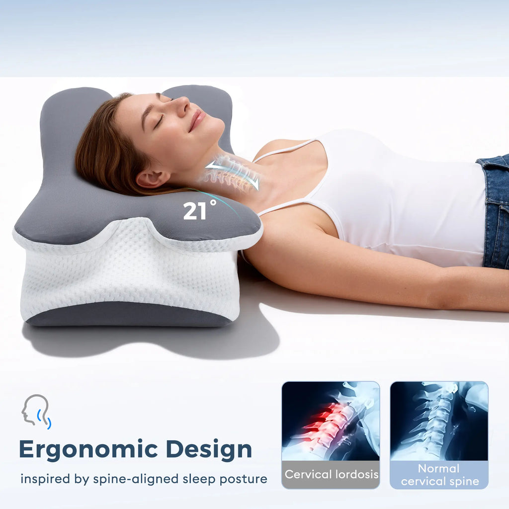 【Fathersdaygift】Vipfree Pro 2.0 Ergonomic Memory Foam Cervical Pillow for Sleeping, Certipur-Us Certified Slow Rebound Foam, Cooling Soft Neck Support for Back Pain Relief, Breathable Gray Pillowcase, Pillows for Sleeping, Bedding, Bed Accessories