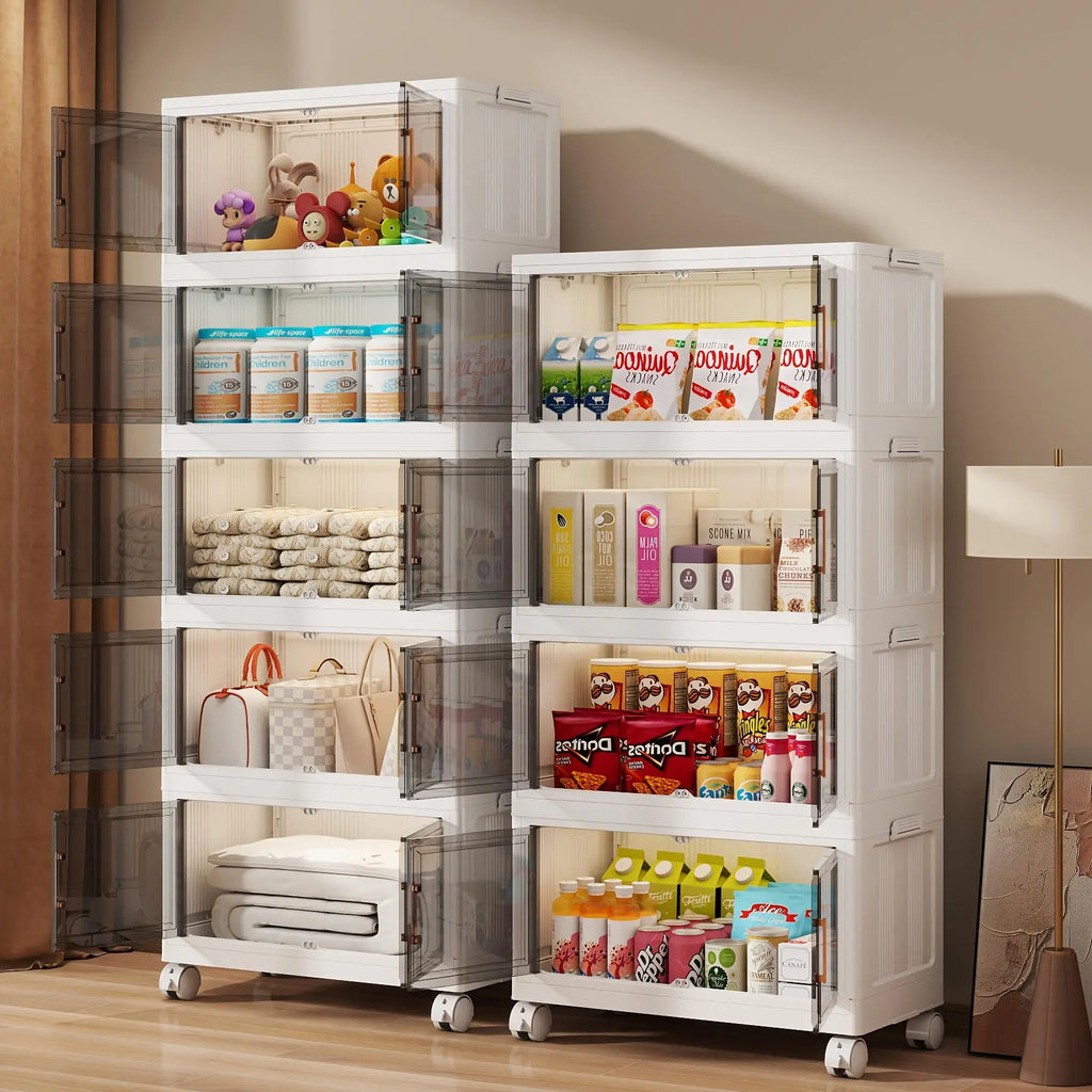 Naviconvex 400QT / 600QT / 750QT XXXXL Extra Large Foldable Storage Cabinet with Magnetic Doors & Wheels – 25.6In / 29.5In / 34.7In Width, 3/4/5 Tier Stackable Plastic Organizer for Kitchen, Bathroom, Bedroom & Closet, Closet Organizati